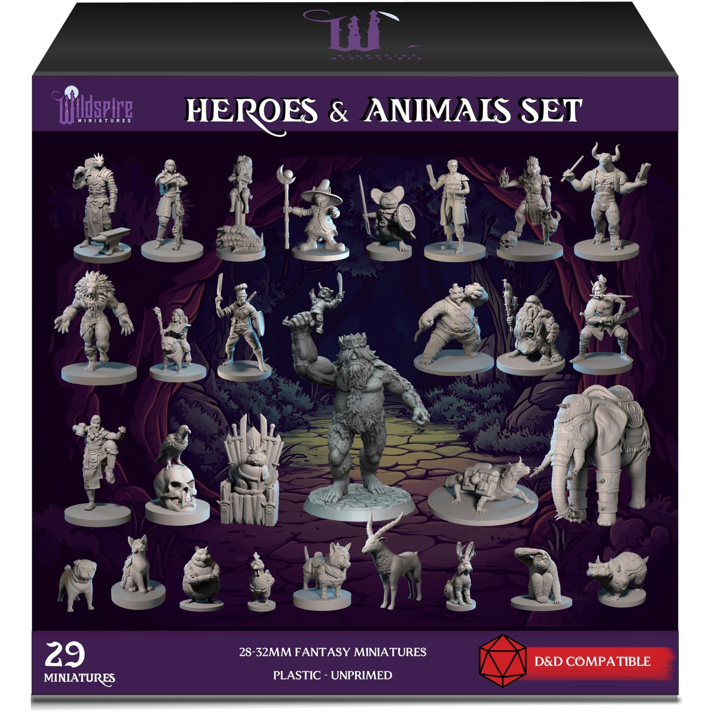 Wildspire Heroes Miniatures – 29-Piece Bulk D&D 28–32mm NPCs, Troll King & Animal Companions