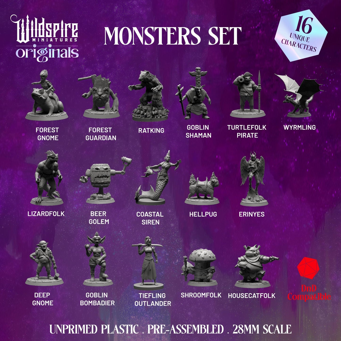 Wildspire Monsters Pack – 16 Unpainted 28–32mm D&D Minis for D&D & Pathfinder
