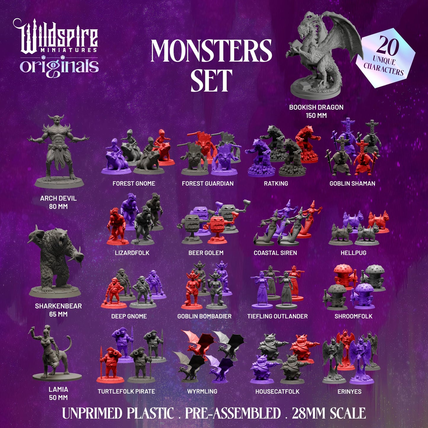Wildspire Fantasy Monsters & Dragon Miniatures - Unpainted 28–32mm D&D Starter Set