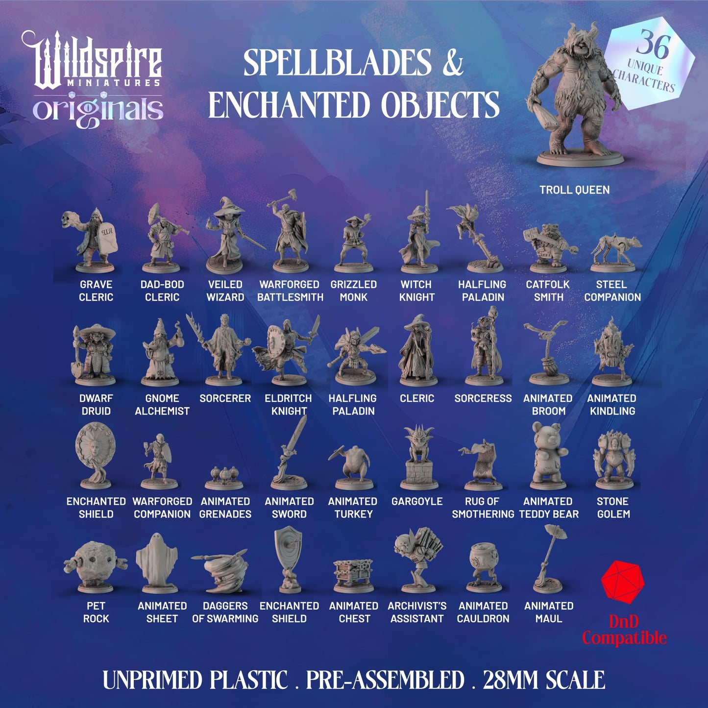 Wildspire Spellblades & Enchanted Objects DND Minis — 36 Unpainted 28–32mm Figures
