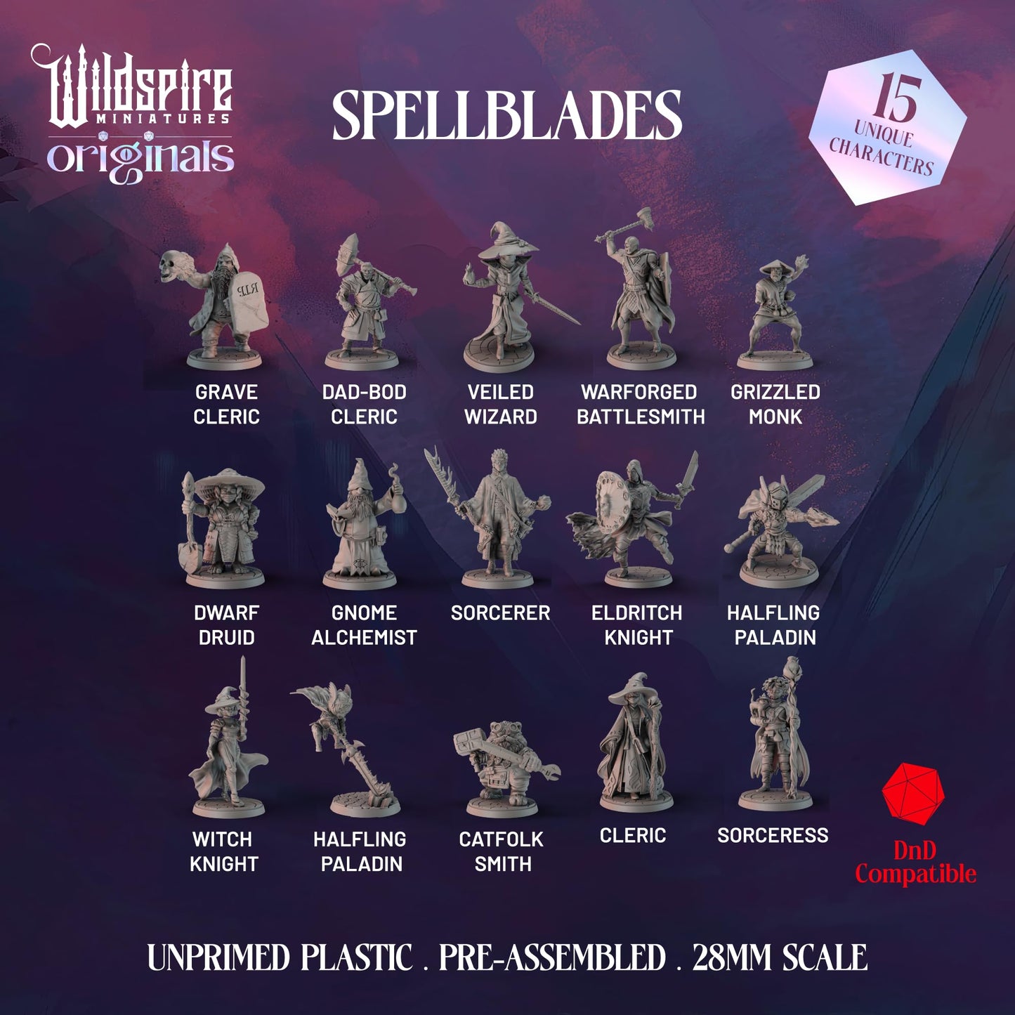 Wildspire Spellblades: 15 Unpainted D&D Minis + Character Sheet (28–32mm)