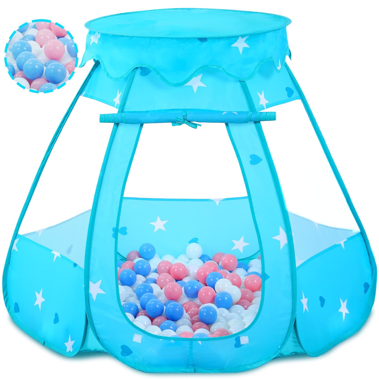 Wilhunter Baby Ball Pit Tent with 50 Balls — Pop-Up Indoor/Outdoor Play Tent (Pink/White/Baby Blue) 109x90 cm