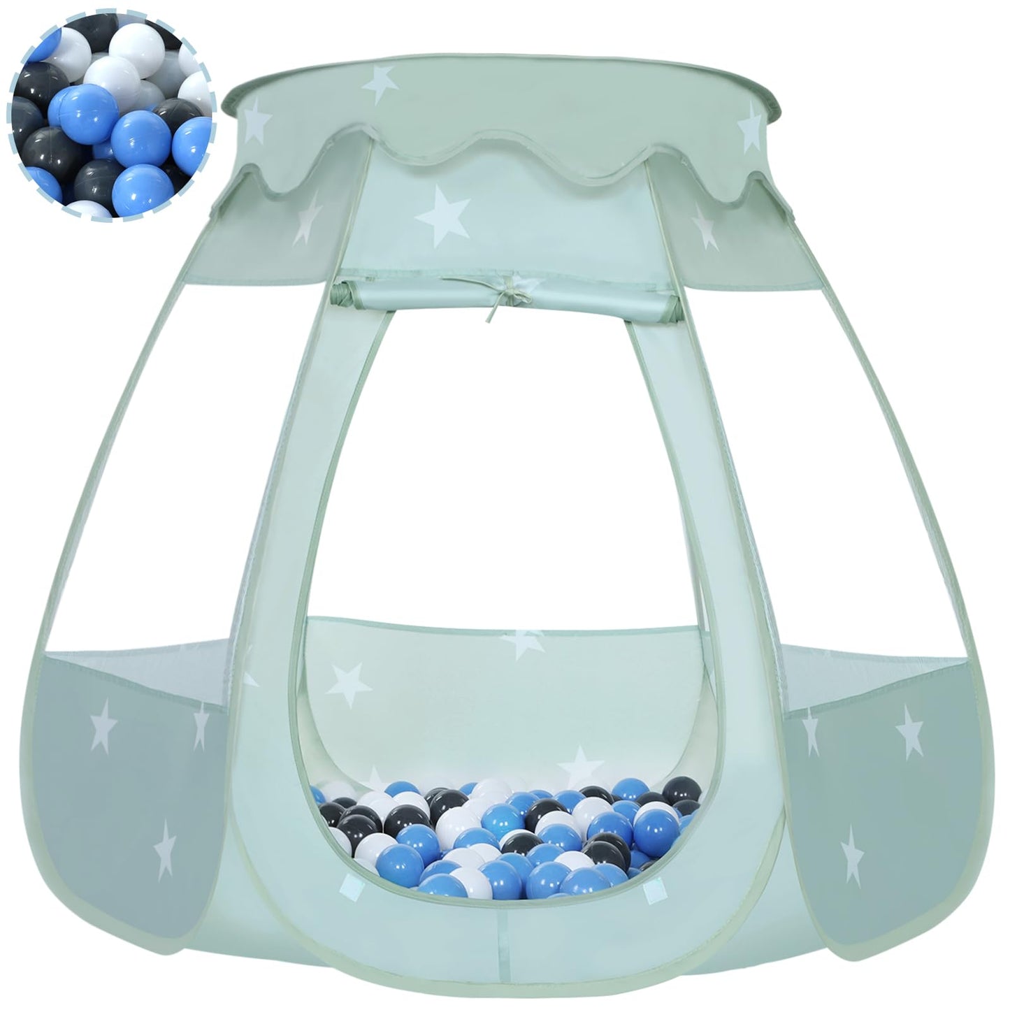 Wilhunter Baby Ball Pit Tent – 50 Balls, Pop-Up Playhouse for Toddlers (Celadon Gray/White/BabyBlue)