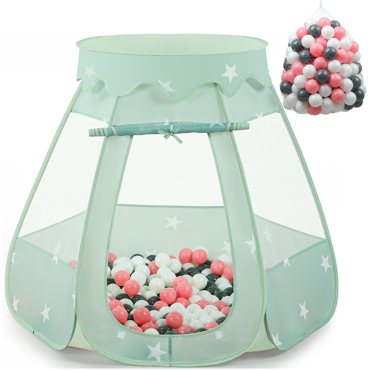 Wilhunter Baby Ball Pit Tent with 150 Balls — Pop Up Toddler Playhouse for Indoor & Outdoor Fun (Celadon Pink/White/Gray)