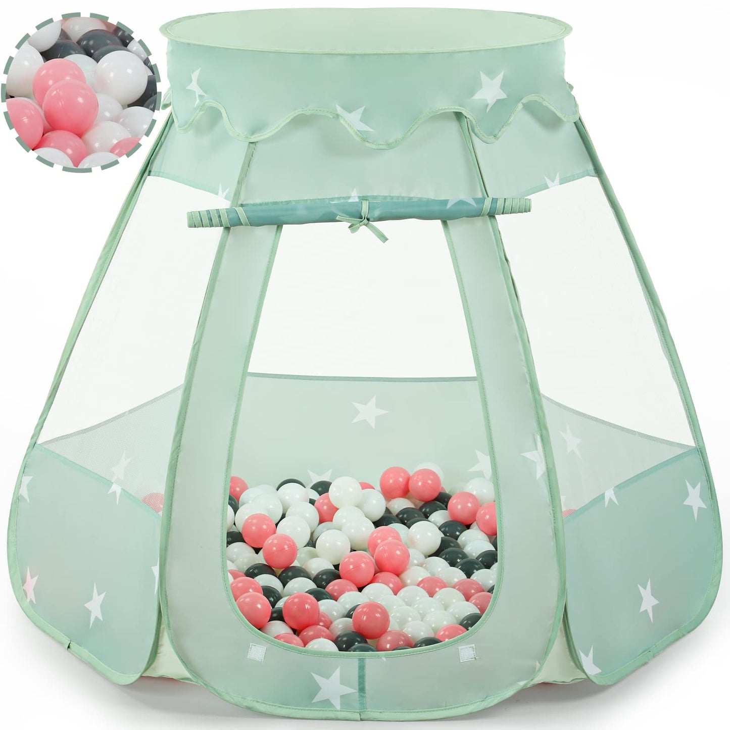 Wilhunter Baby Ball Pit Tent with 50 Balls – Pop-Up Pink/White/Gray Princess Playhouse (109x90cm)