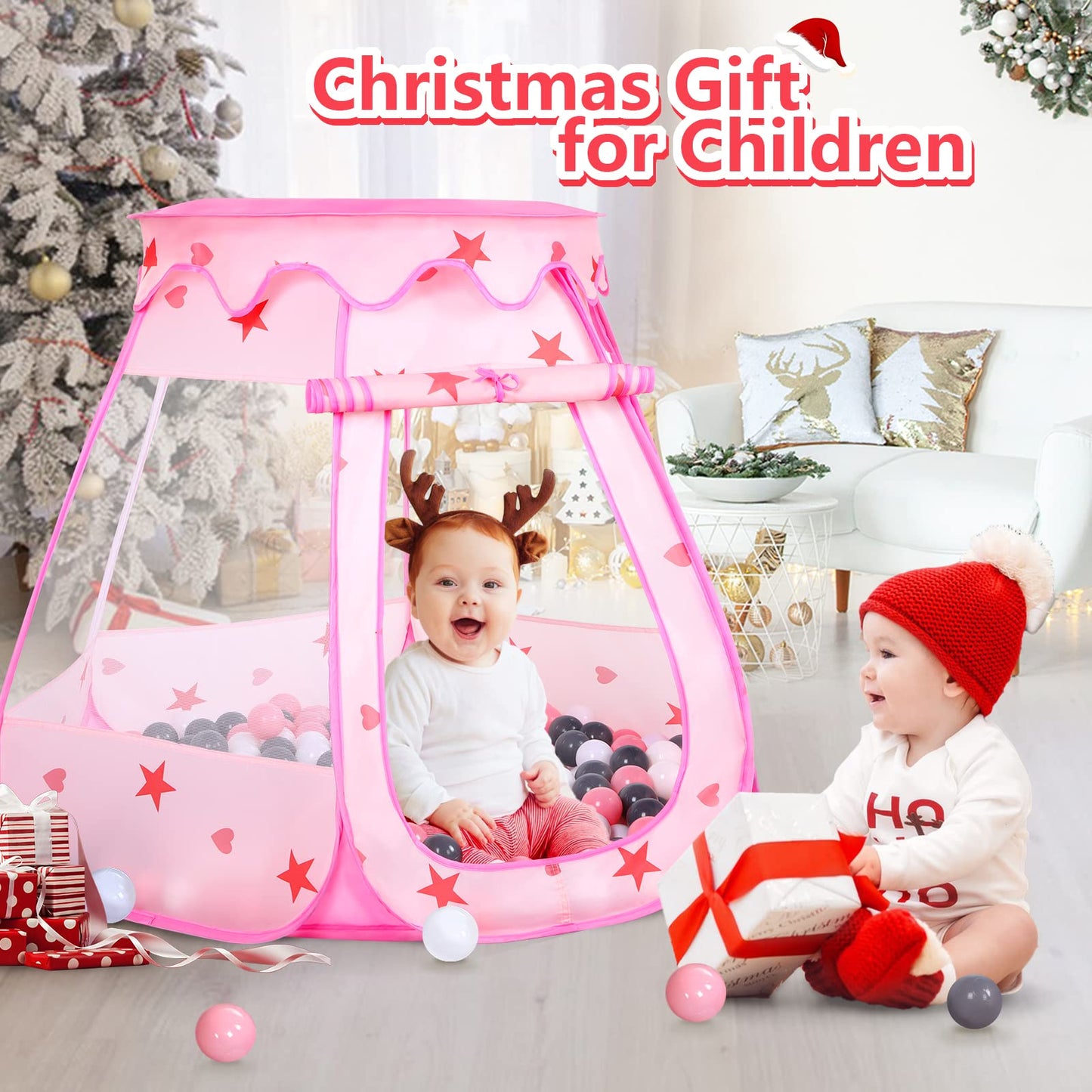 Wilhunter Baby Ball Pit Tent with 50 Balls – Pop Up Play House for Toddlers (Pink)