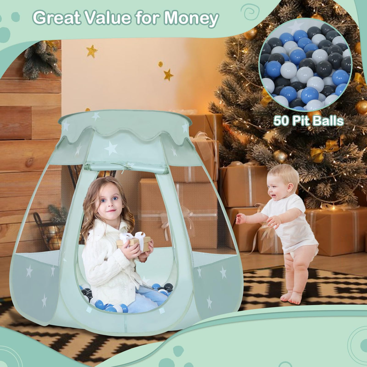 Wilhunter Baby Ball Pit Tent – 50 Balls, Pop-Up Playhouse for Toddlers (Celadon Gray/White/BabyBlue)