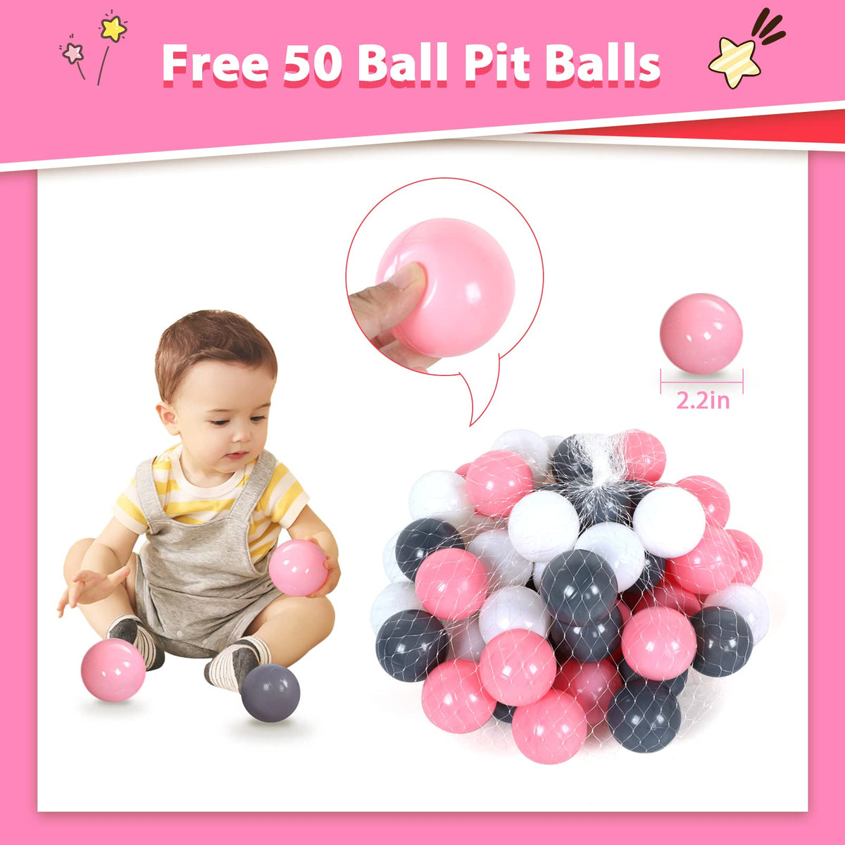 Wilhunter Baby Ball Pit Tent with 50 Balls – Pop Up Play House for Toddlers (Pink)