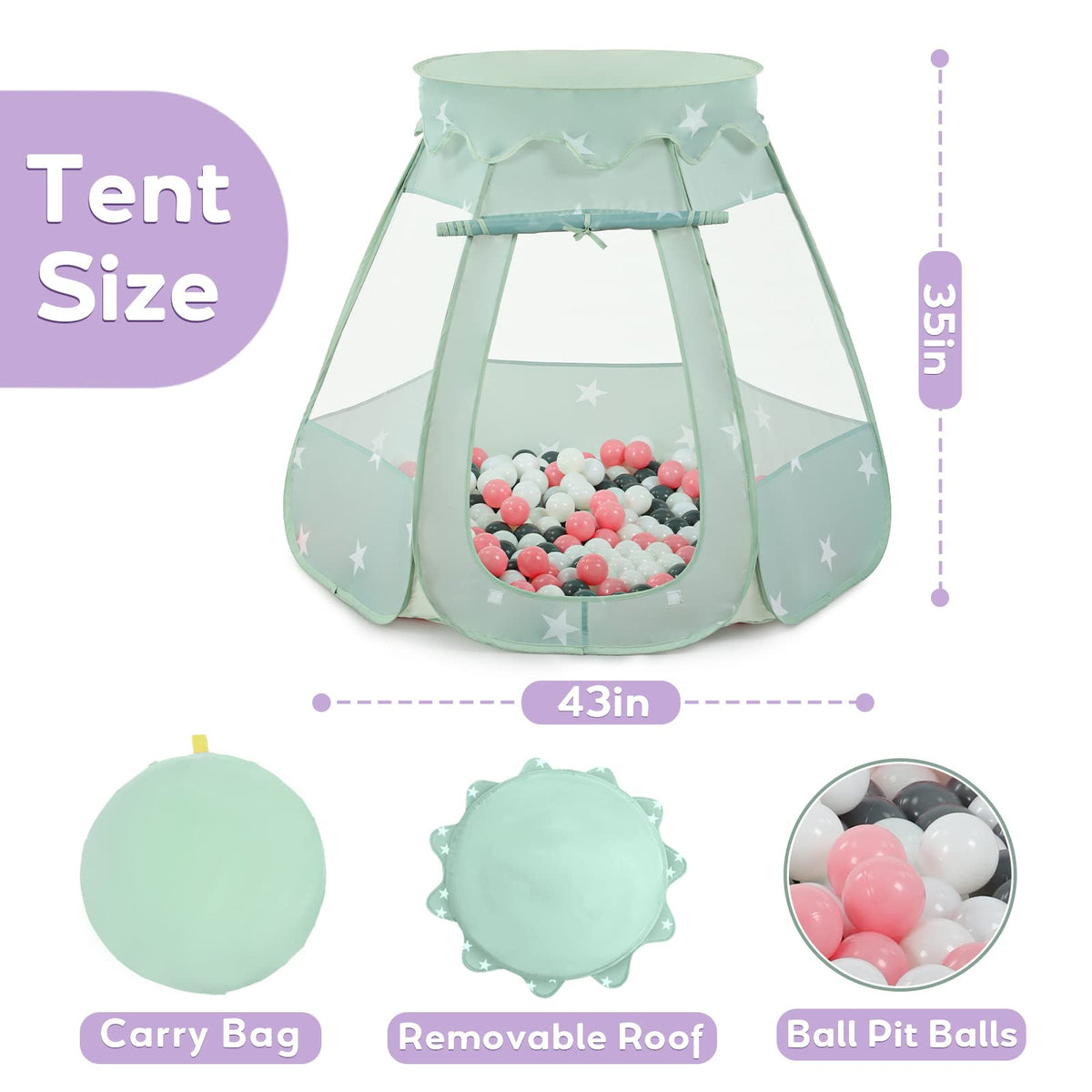 Wilhunter Baby Ball Pit Tent with 50 Balls – Pop-Up Pink/White/Gray Princess Playhouse (109x90cm)
