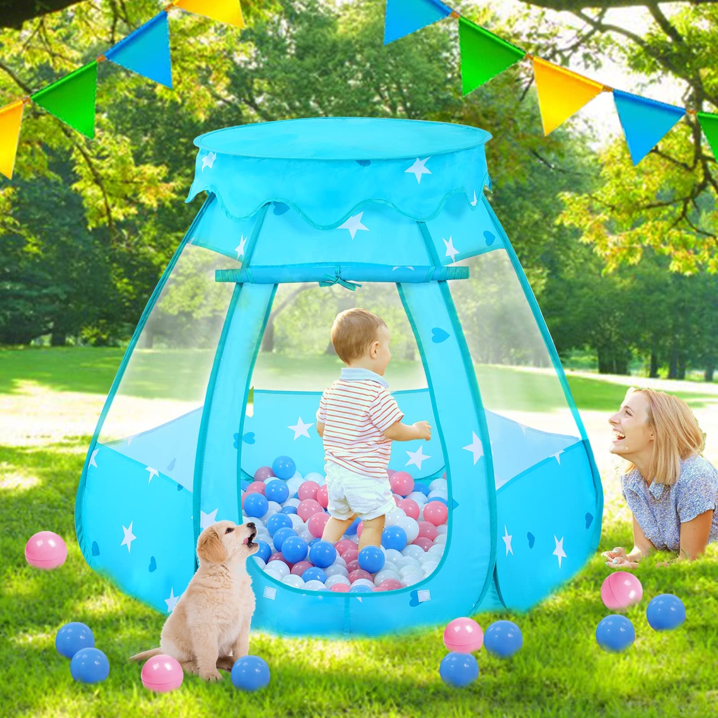 Wilhunter Baby Ball Pit Tent with 50 Balls — Pop-Up Indoor/Outdoor Play Tent (Pink/White/Baby Blue) 109x90 cm