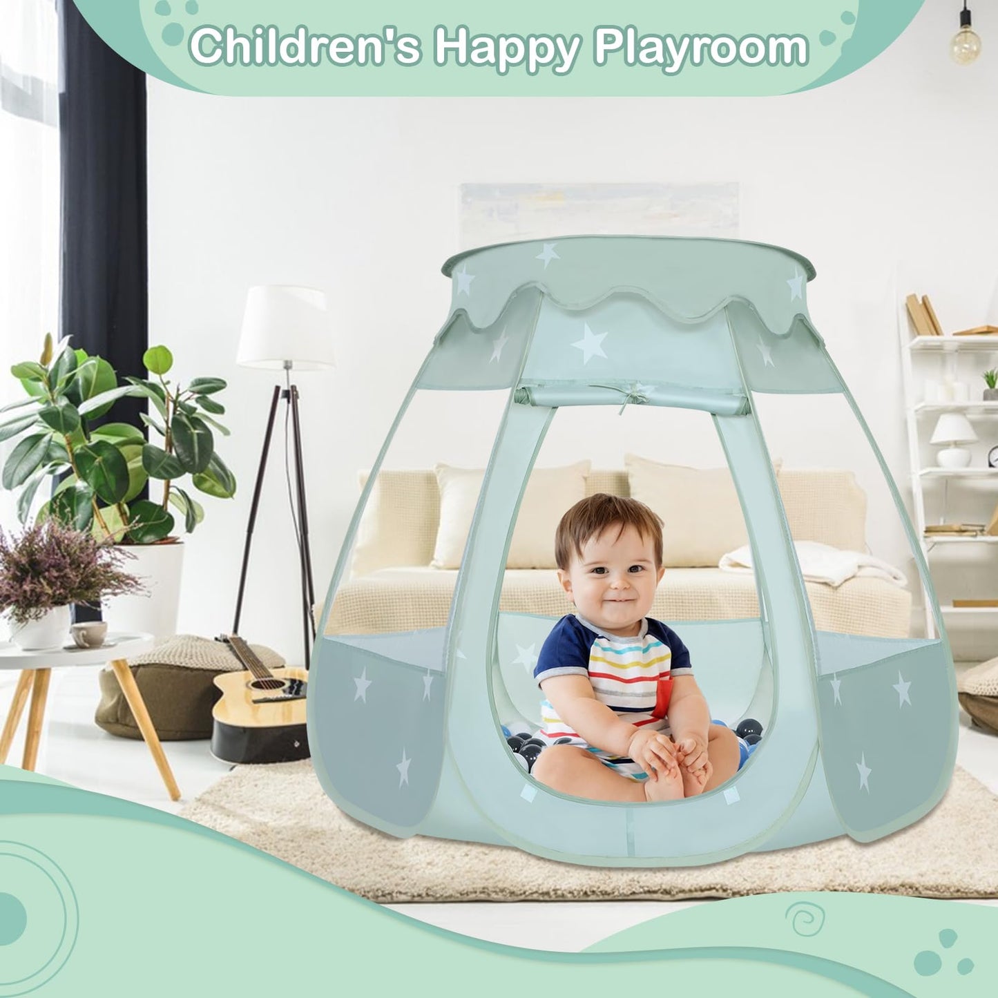 Wilhunter Baby Ball Pit Tent – 50 Balls, Pop-Up Playhouse for Toddlers (Celadon Gray/White/BabyBlue)