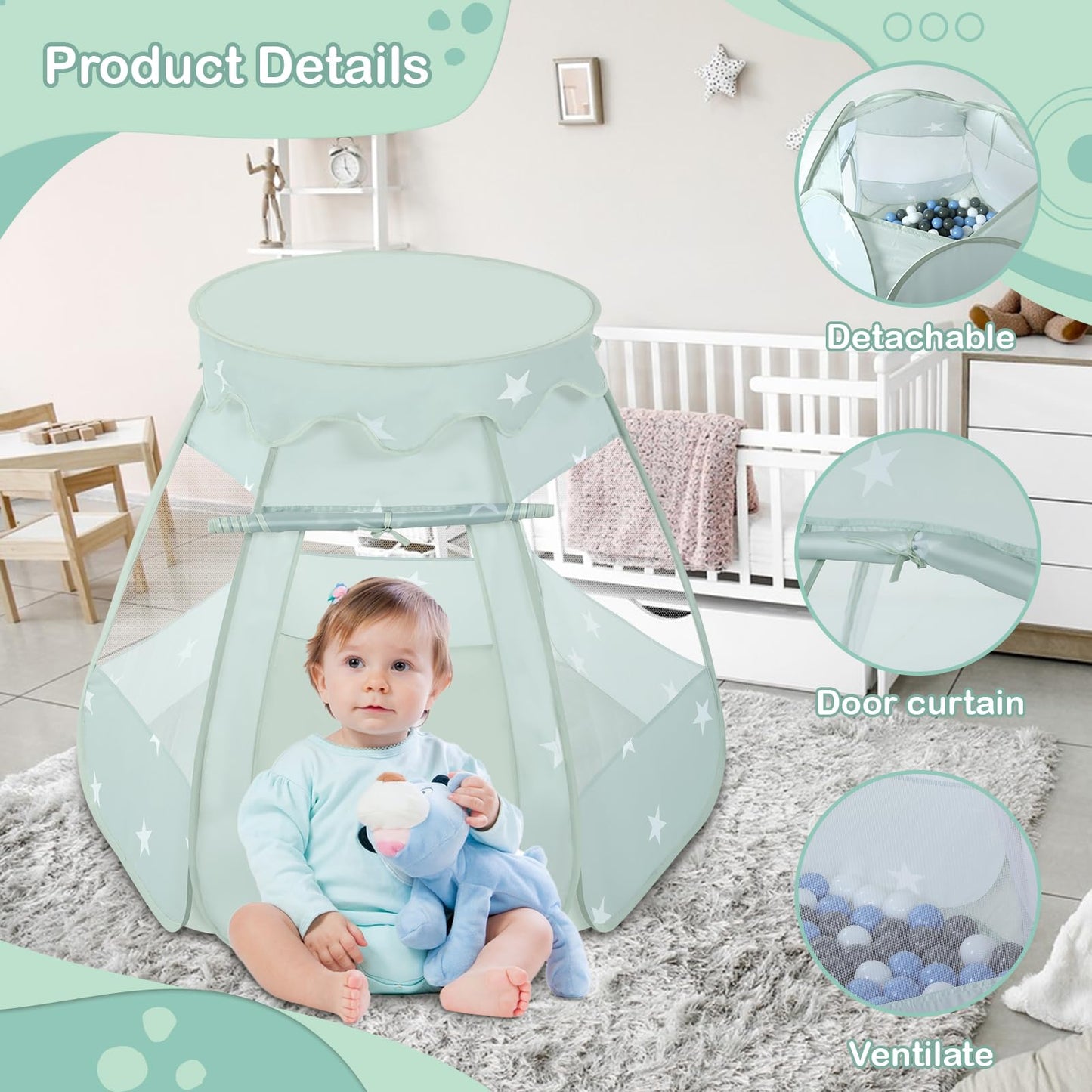 Wilhunter Baby Ball Pit Tent – 50 Balls, Pop-Up Playhouse for Toddlers (Celadon Gray/White/BabyBlue)