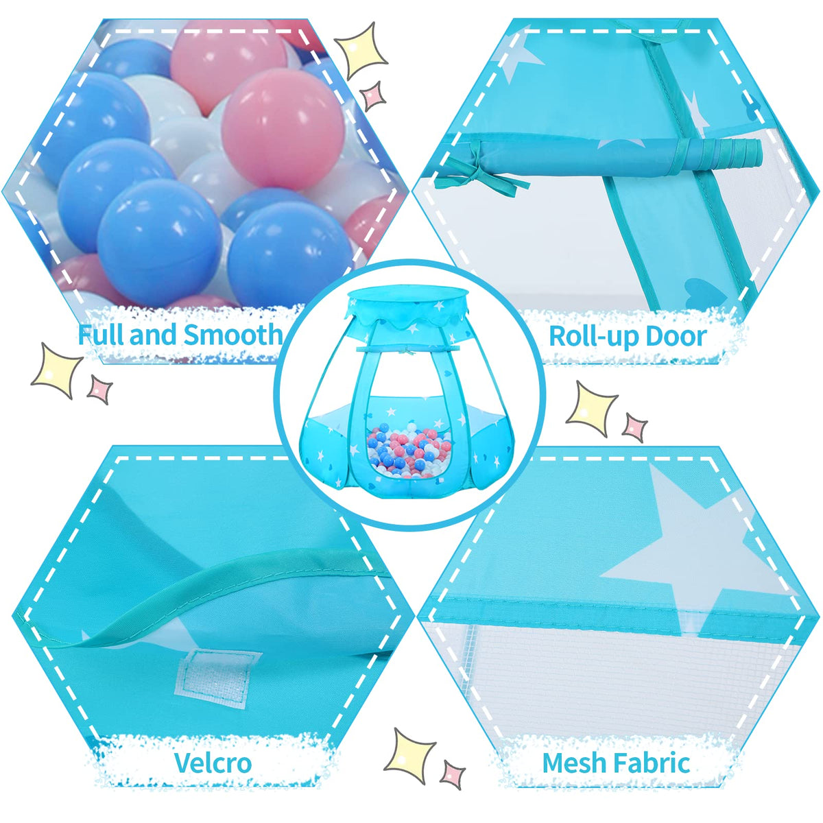 Wilhunter Baby Ball Pit Tent with 50 Balls — Pop-Up Indoor/Outdoor Play Tent (Pink/White/Baby Blue) 109x90 cm