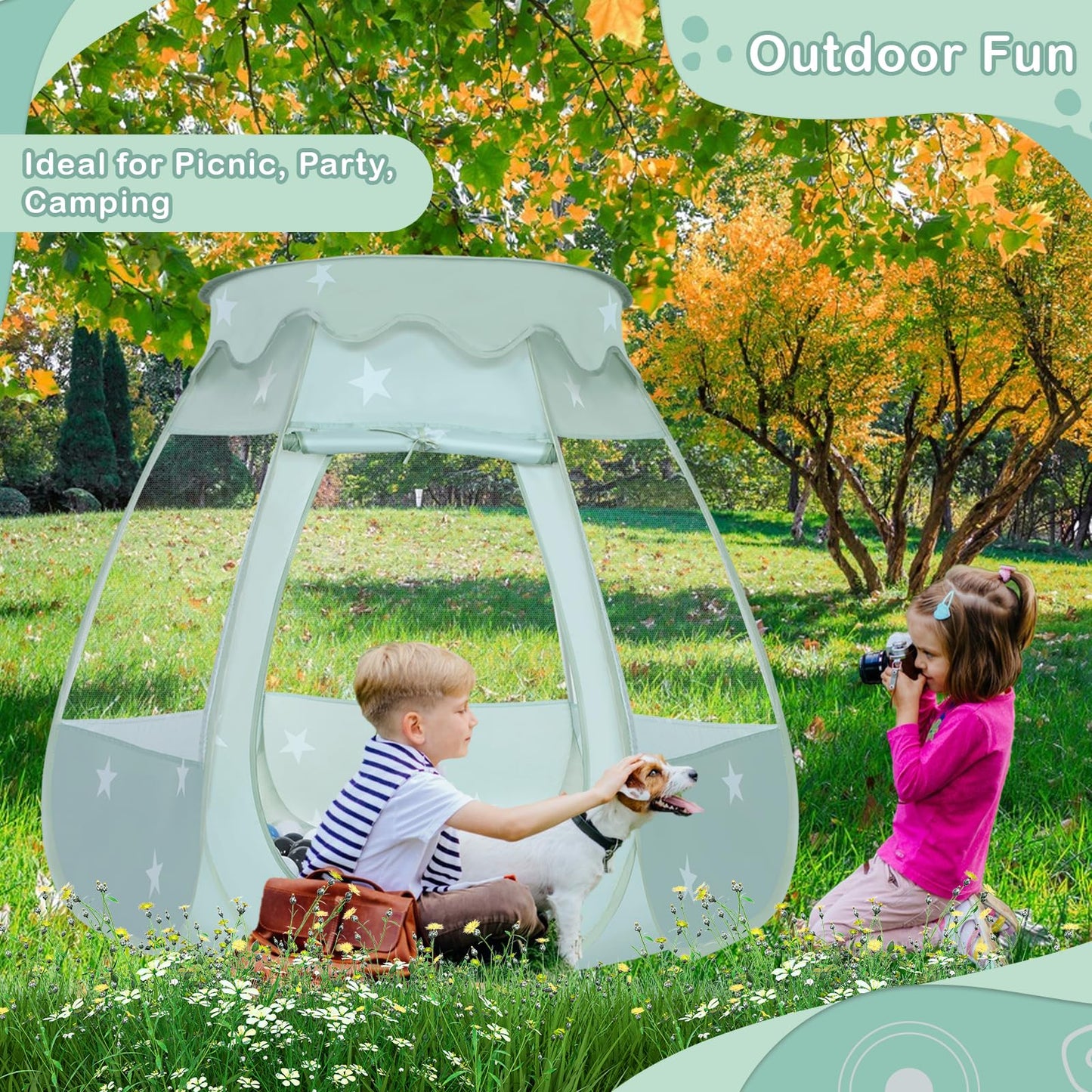 Wilhunter Baby Ball Pit Tent – 50 Balls, Pop-Up Playhouse for Toddlers (Celadon Gray/White/BabyBlue)