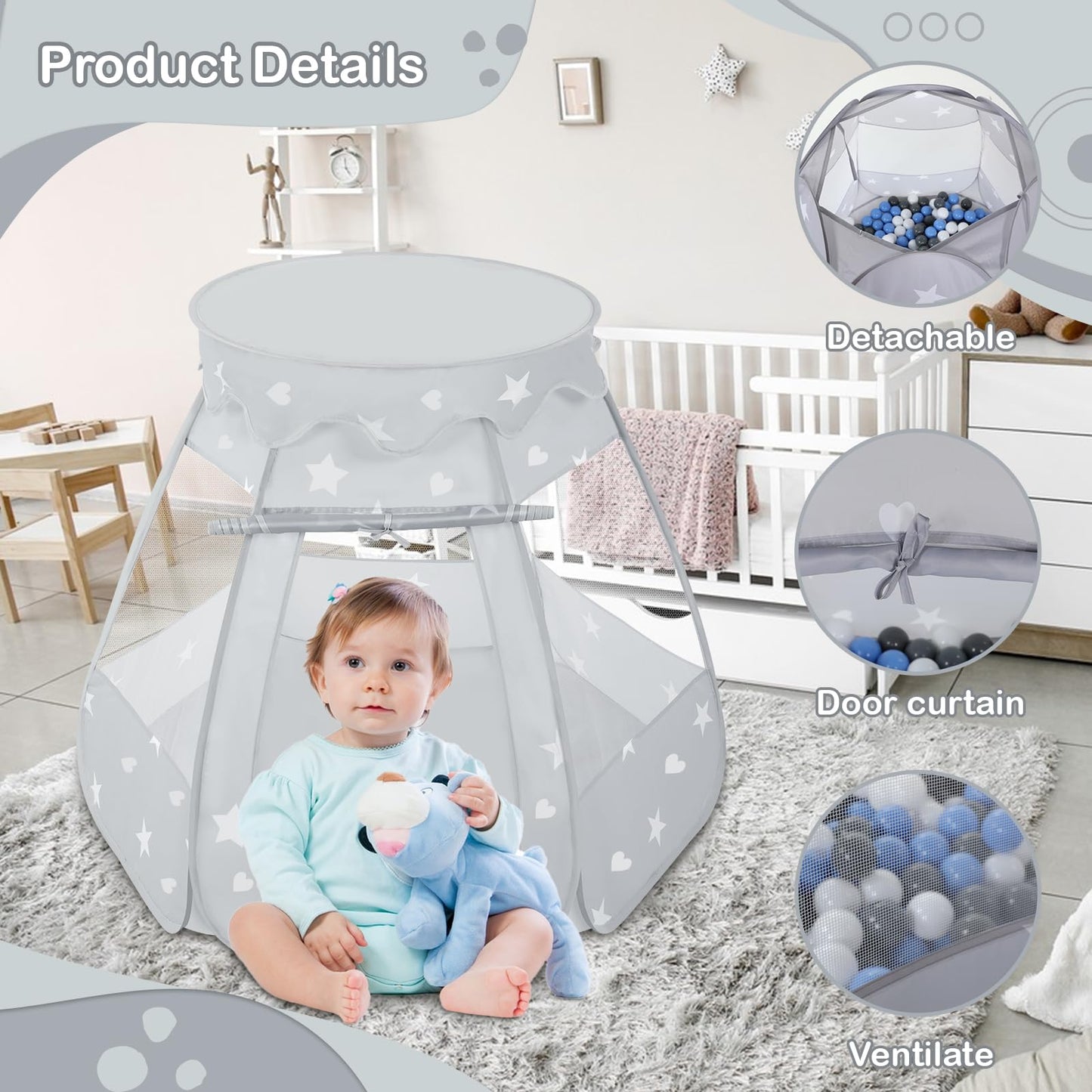 Wilhunter Baby Ball Pit with 50 Balls – Pop Up Play Tent for Toddlers (Gray/White/Baby Blue, 109x90 cm)