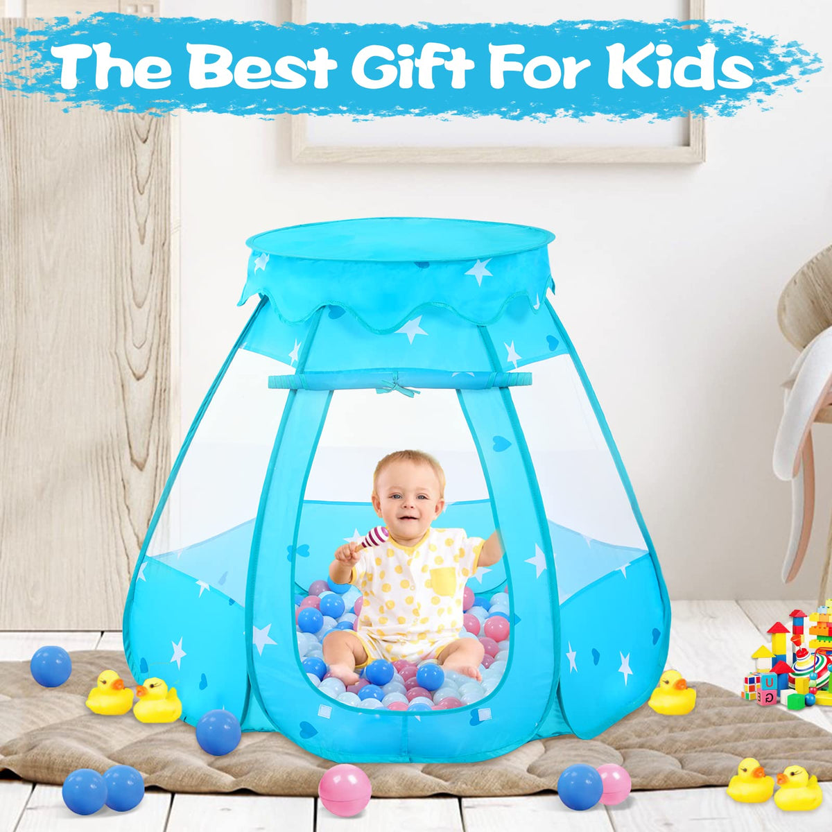 Wilhunter Baby Ball Pit Tent with 50 Balls — Pop-Up Indoor/Outdoor Play Tent (Pink/White/Baby Blue) 109x90 cm