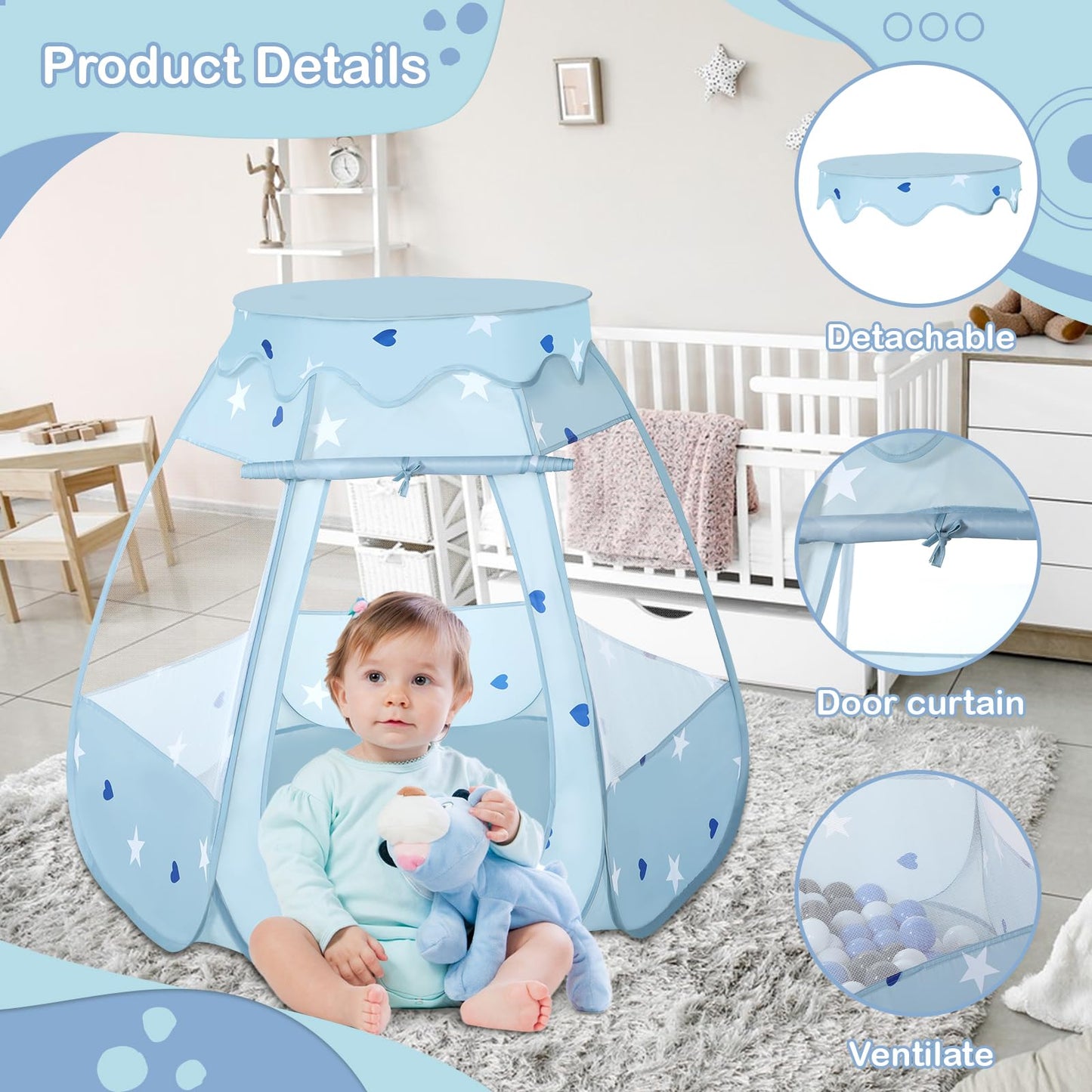 Wilhunter Baby Ball Pit & Pop Up Tent – 50 Balls, 109x90 cm, Greyish-Blue