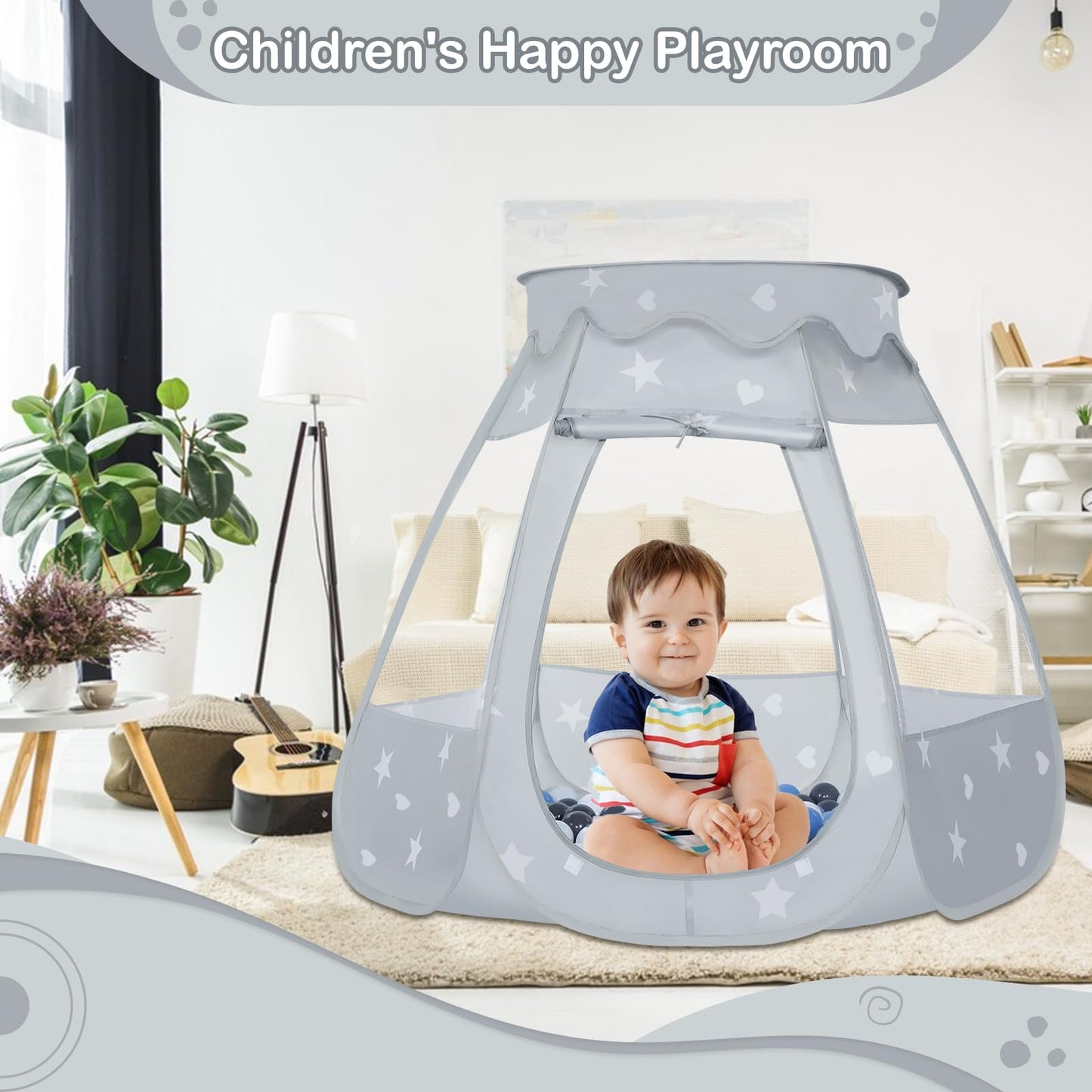 Wilhunter Baby Ball Pit with 50 Balls – Pop Up Play Tent for Toddlers (Gray/White/Baby Blue, 109x90 cm)