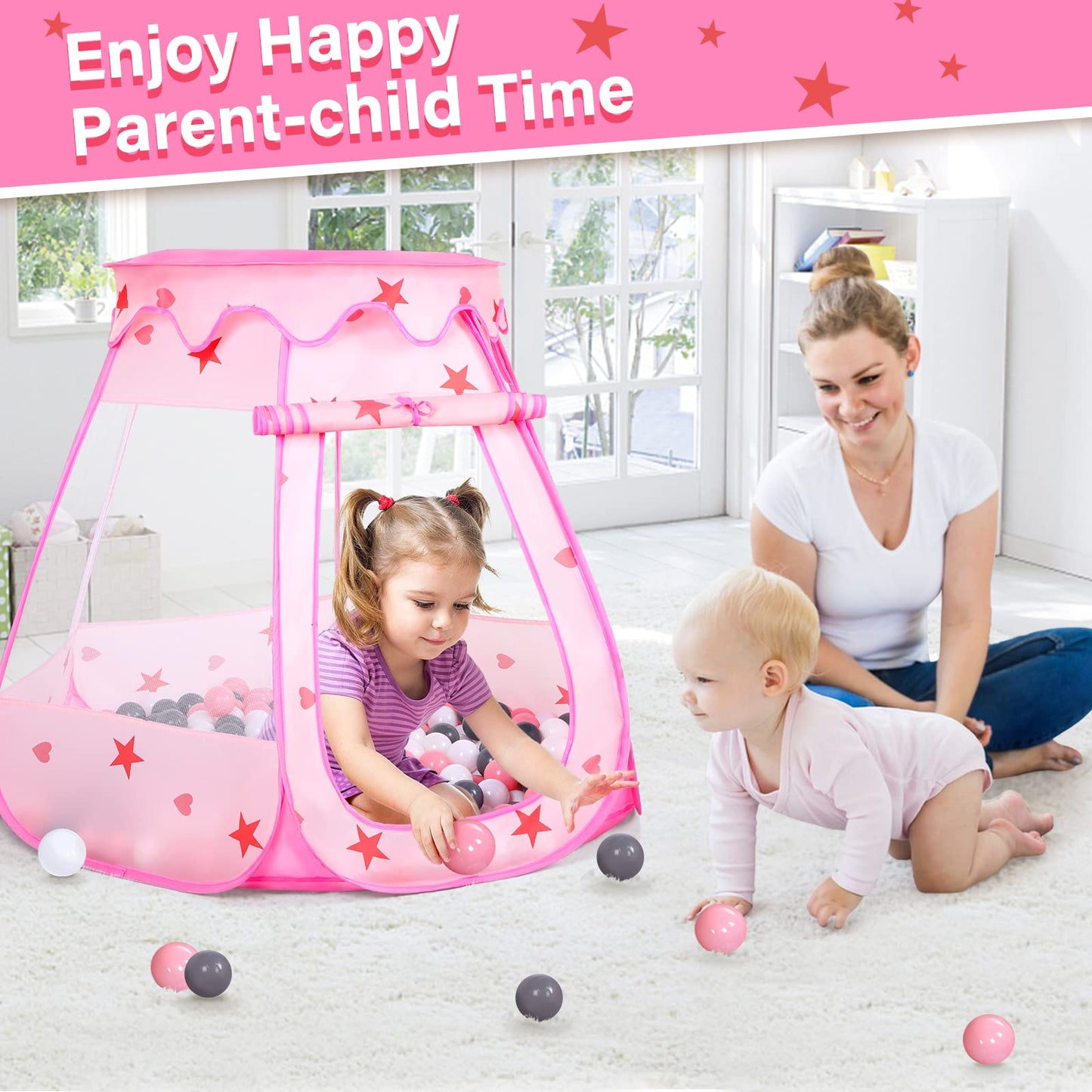 Wilhunter Baby Ball Pit Tent with 50 Balls – Pop Up Play House for Toddlers (Pink)