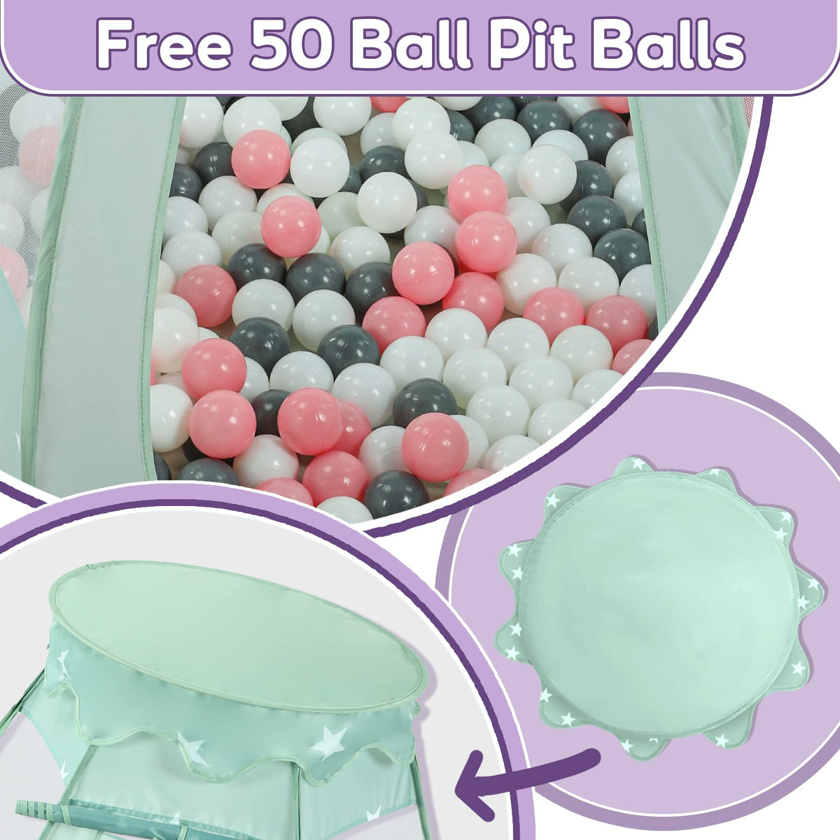 Wilhunter Baby Ball Pit Tent with 50 Balls – Pop-Up Pink/White/Gray Princess Playhouse (109x90cm)