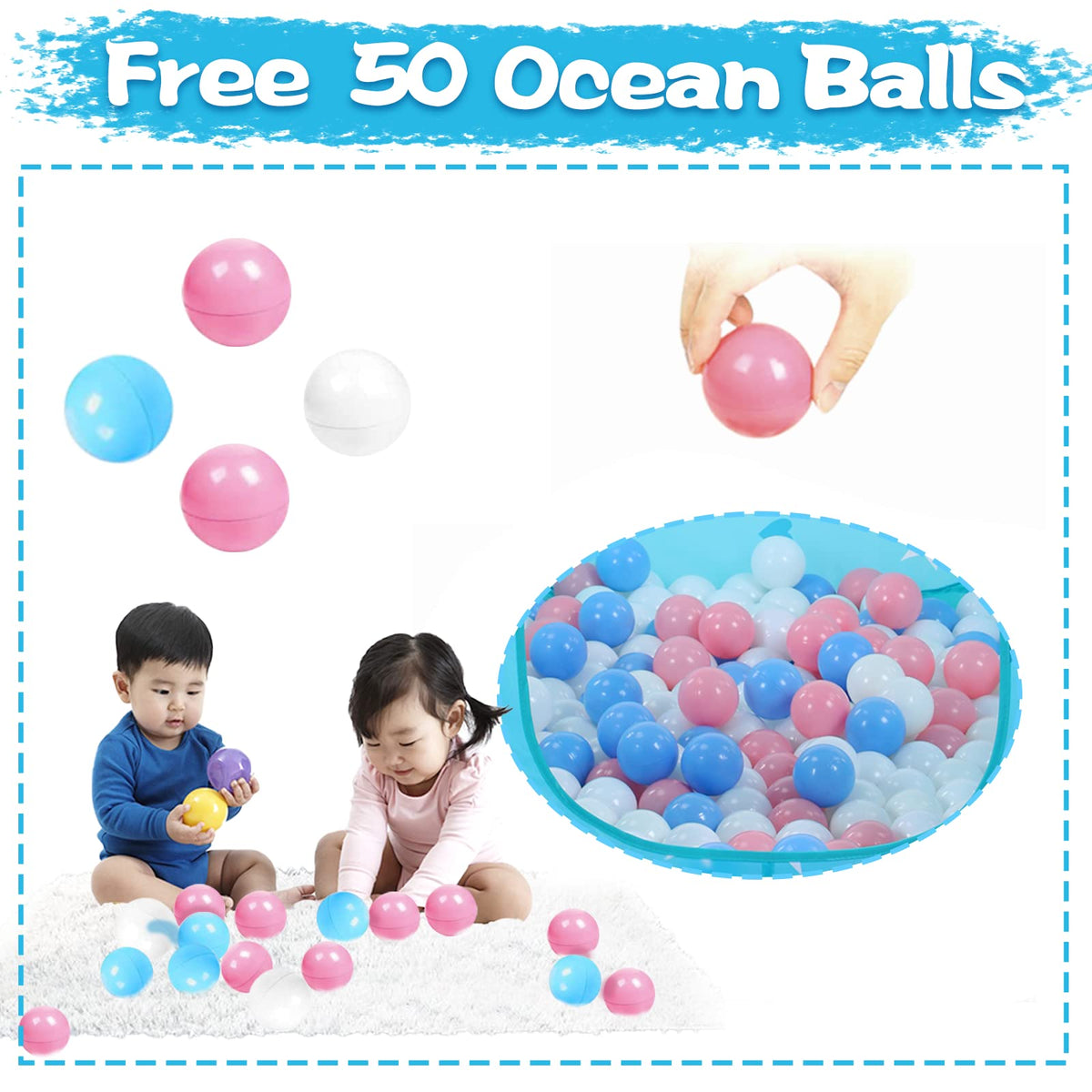 Wilhunter Baby Ball Pit Tent with 50 Balls — Pop-Up Indoor/Outdoor Play Tent (Pink/White/Baby Blue) 109x90 cm