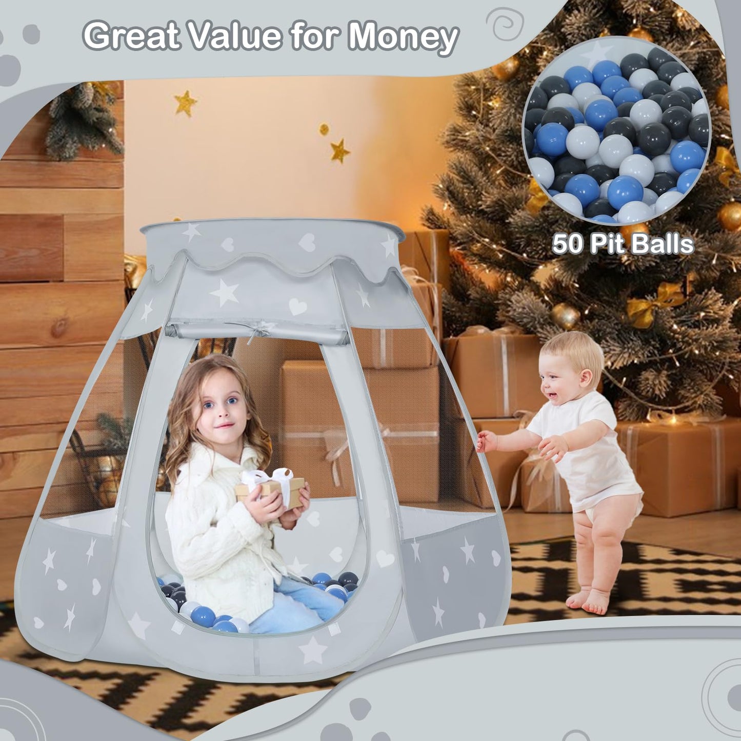 Wilhunter Baby Ball Pit with 50 Balls – Pop Up Play Tent for Toddlers (Gray/White/Baby Blue, 109x90 cm)