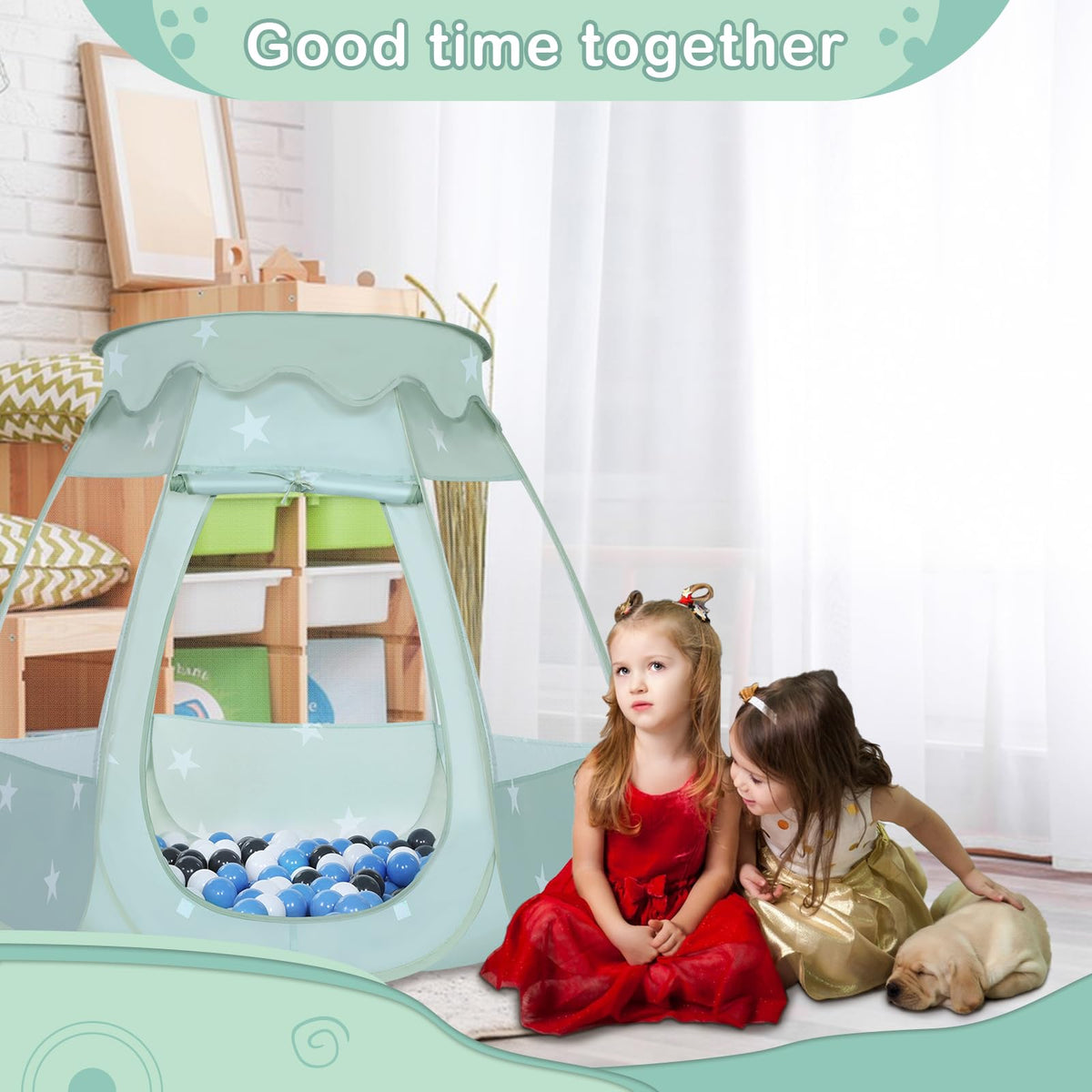 Wilhunter Baby Ball Pit Tent – 50 Balls, Pop-Up Playhouse for Toddlers (Celadon Gray/White/BabyBlue)
