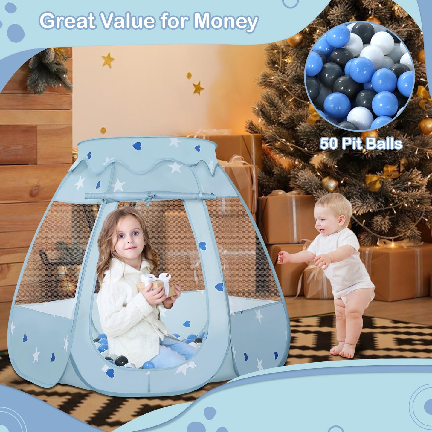 Wilhunter Baby Ball Pit & Pop Up Tent – 50 Balls, 109x90 cm, Greyish-Blue