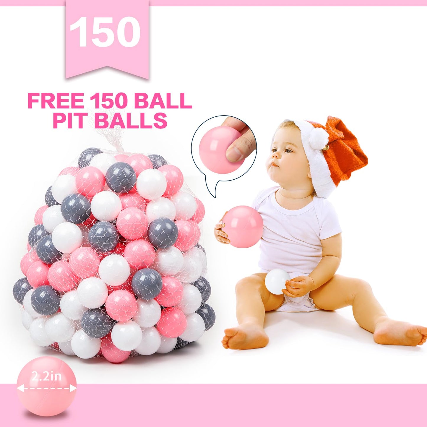 Wilhunter Baby Ball Pit Tent with 150 Balls — Pop Up Toddler Playhouse for Indoor & Outdoor Fun (Celadon Pink/White/Gray)