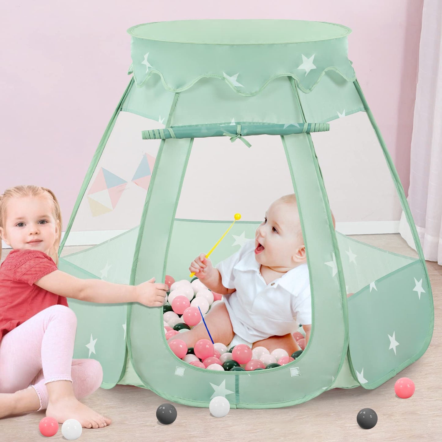 Wilhunter Baby Ball Pit Tent with 150 Balls — Pop Up Toddler Playhouse for Indoor & Outdoor Fun (Celadon Pink/White/Gray)