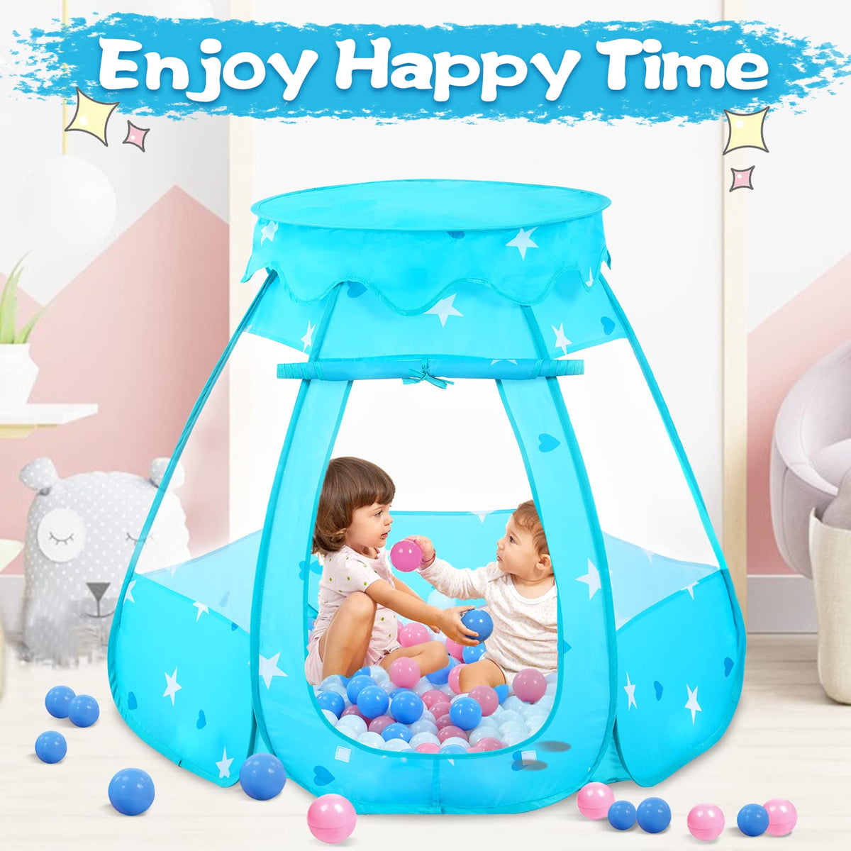 Wilhunter Baby Ball Pit Tent with 50 Balls — Pop-Up Indoor/Outdoor Play Tent (Pink/White/Baby Blue) 109x90 cm