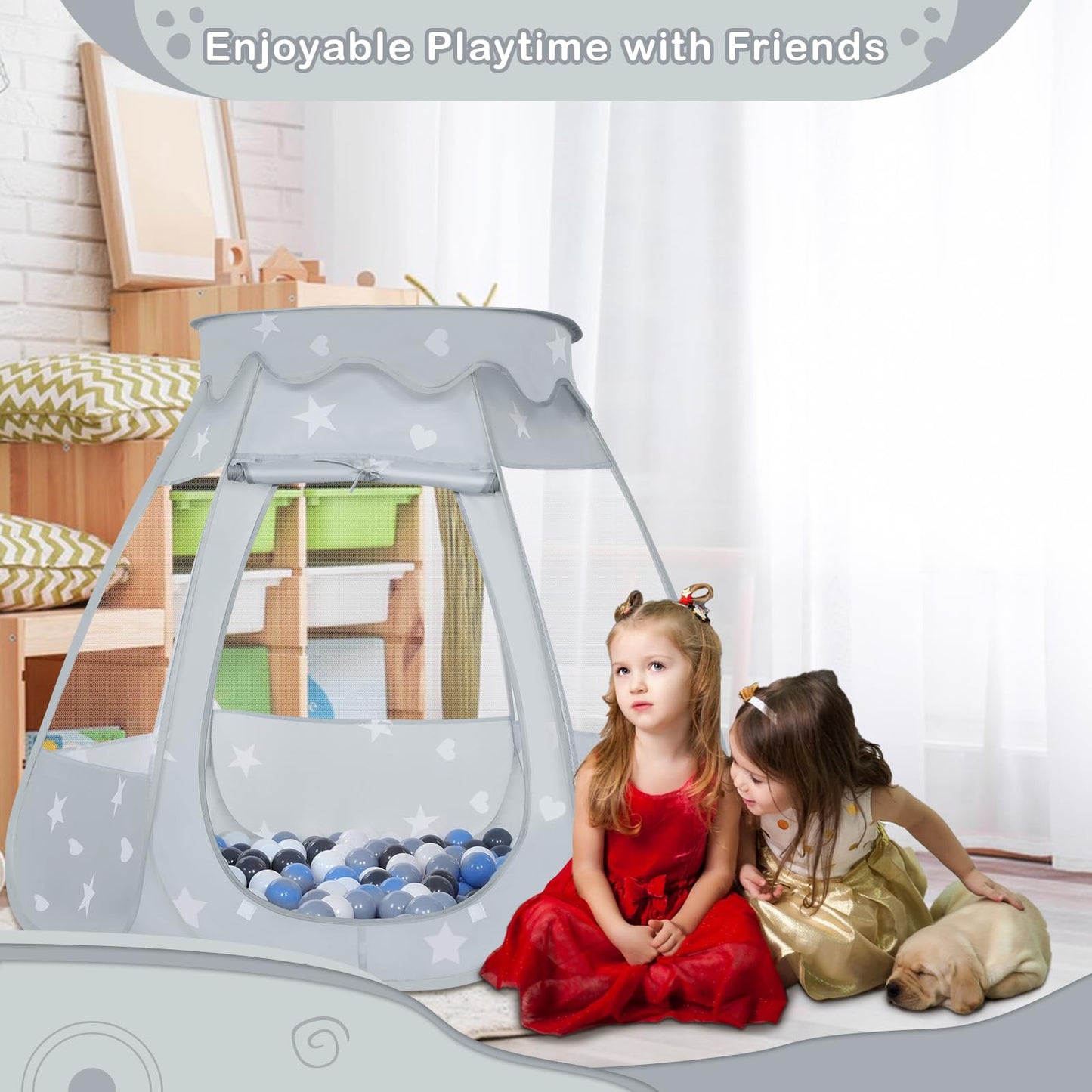 Wilhunter Baby Ball Pit with 50 Balls – Pop Up Play Tent for Toddlers (Gray/White/Baby Blue, 109x90 cm)