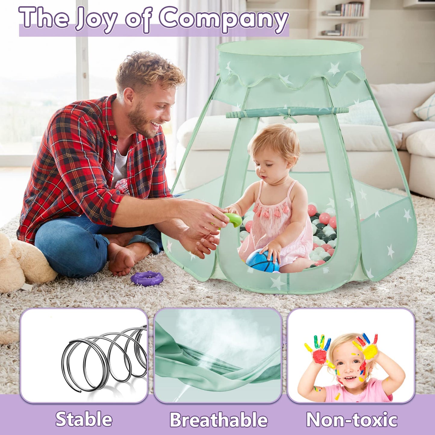 Wilhunter Baby Ball Pit Tent with 150 Balls — Pop Up Toddler Playhouse for Indoor & Outdoor Fun (Celadon Pink/White/Gray)