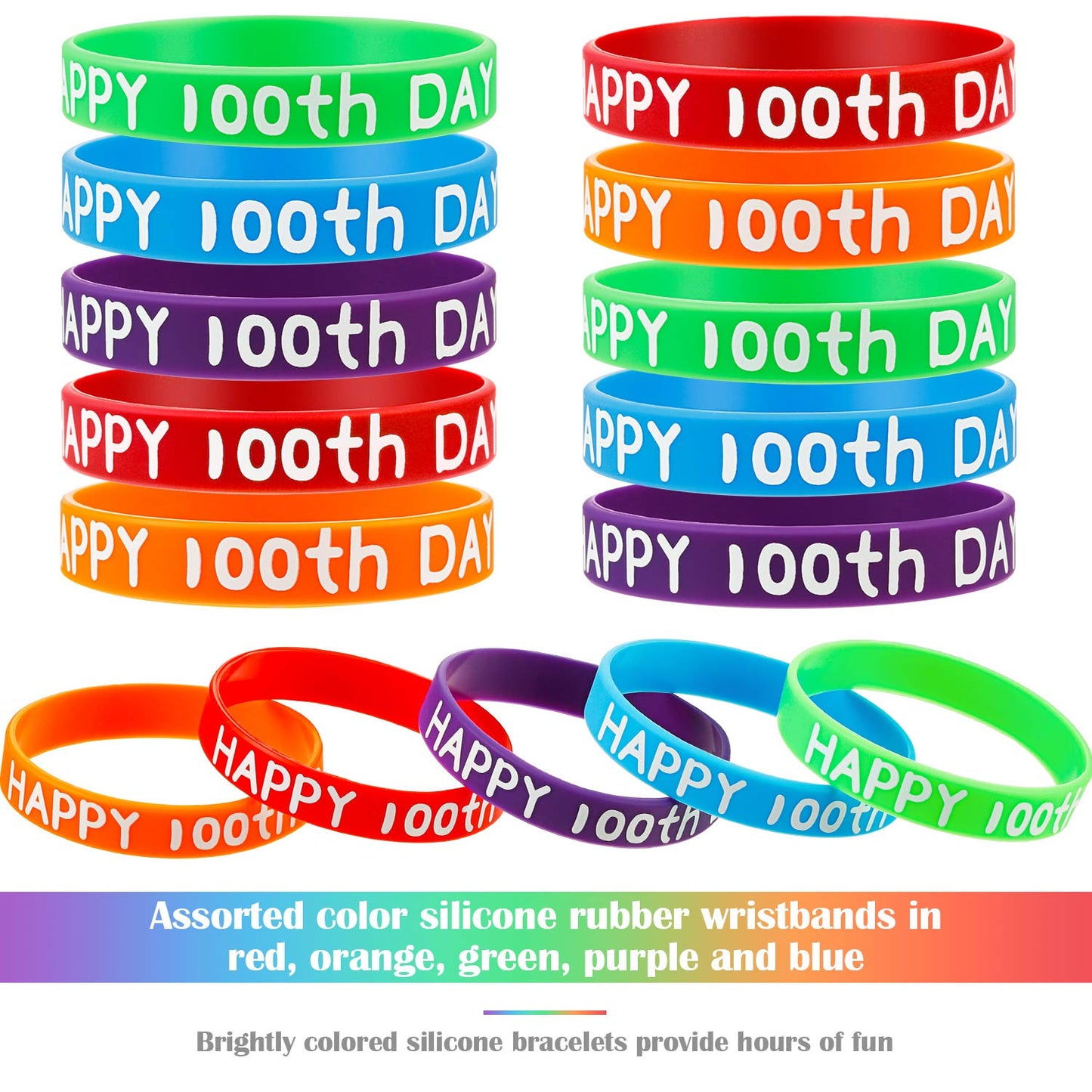 WILLBOND 65 Pcs Happy 100th Day Silicone Bracelets – Colorful Classroom Rewards