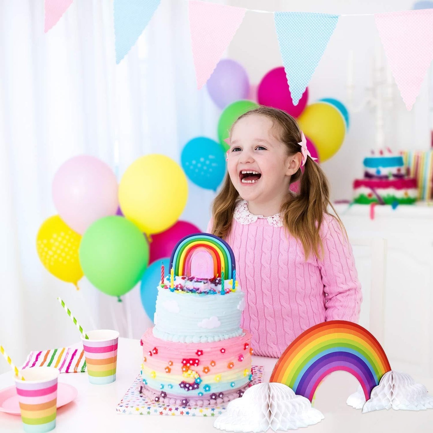 WILLBOND 2-Pack Rainbow Honeycomb Centerpieces – No-Crease Rainbow & Cloud Party Decor