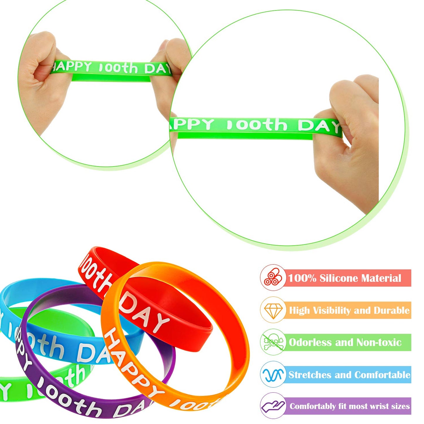 WILLBOND 65 Pcs Happy 100th Day Silicone Bracelets – Colorful Classroom Rewards