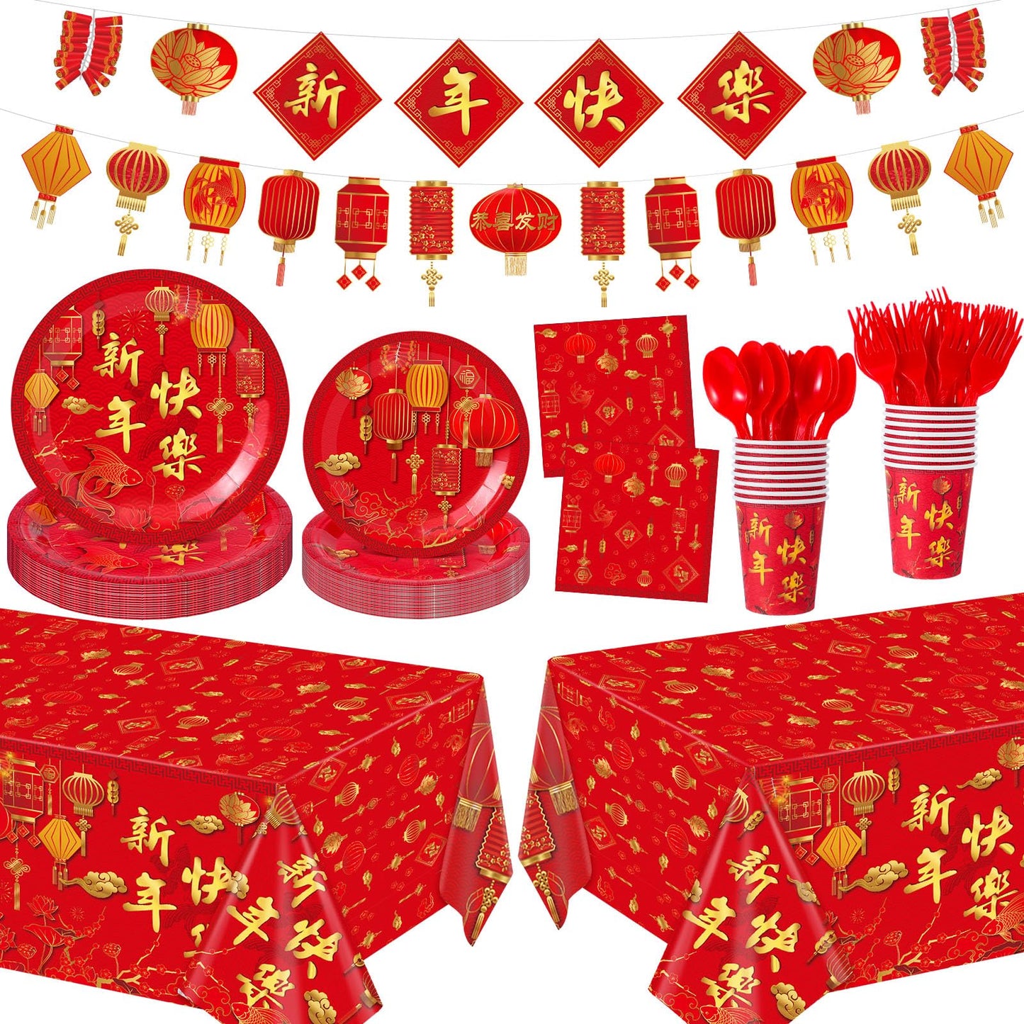 Willinglong 171 Pcs Chinese New Year Party Supplies Kit Serves 24 – Banner, Plates, Cups, Napkins, Tablecloths & Cutlery