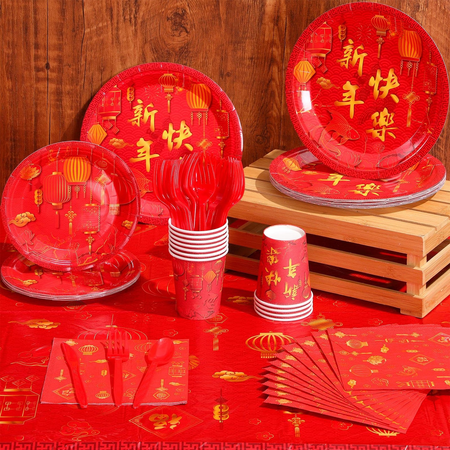 Willinglong 171 Pcs Chinese New Year Party Supplies Kit Serves 24 – Banner, Plates, Cups, Napkins, Tablecloths & Cutlery