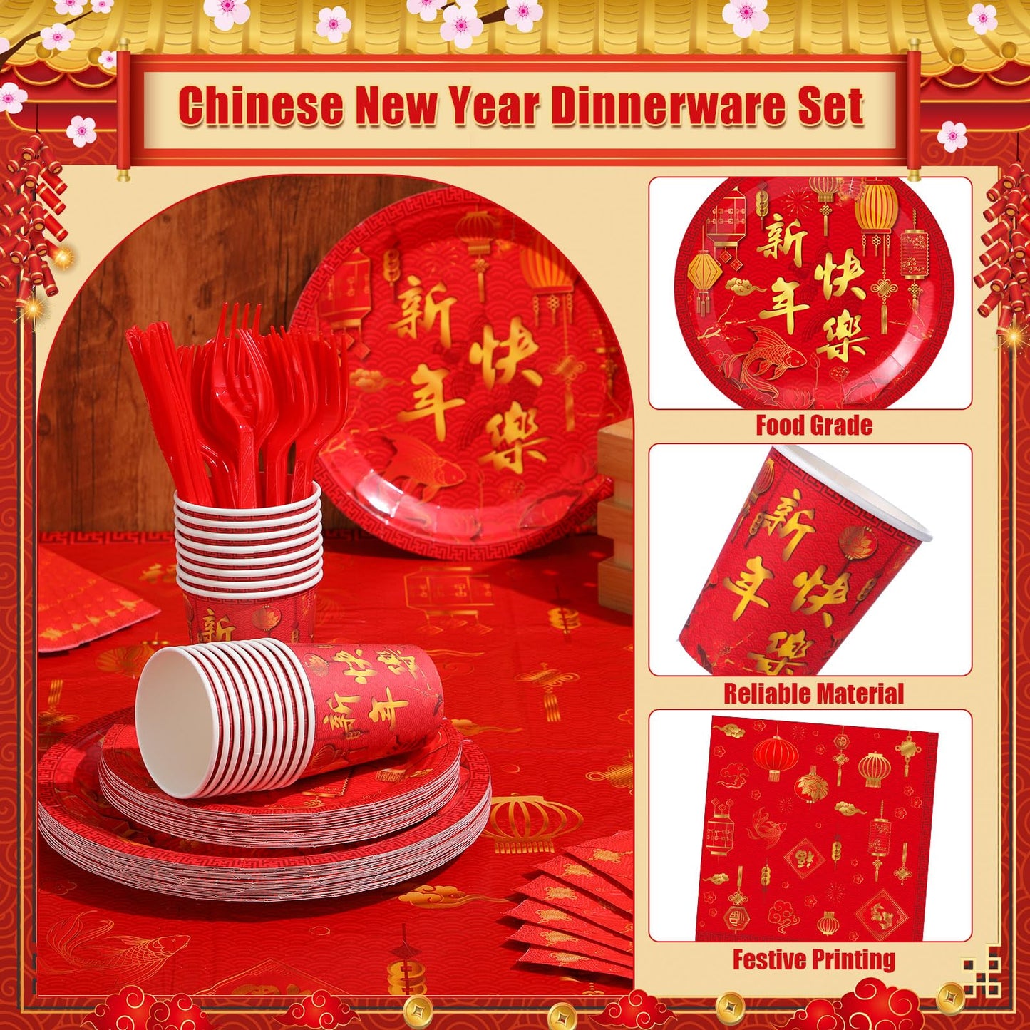 Willinglong 171 Pcs Chinese New Year Party Supplies Kit Serves 24 – Banner, Plates, Cups, Napkins, Tablecloths & Cutlery