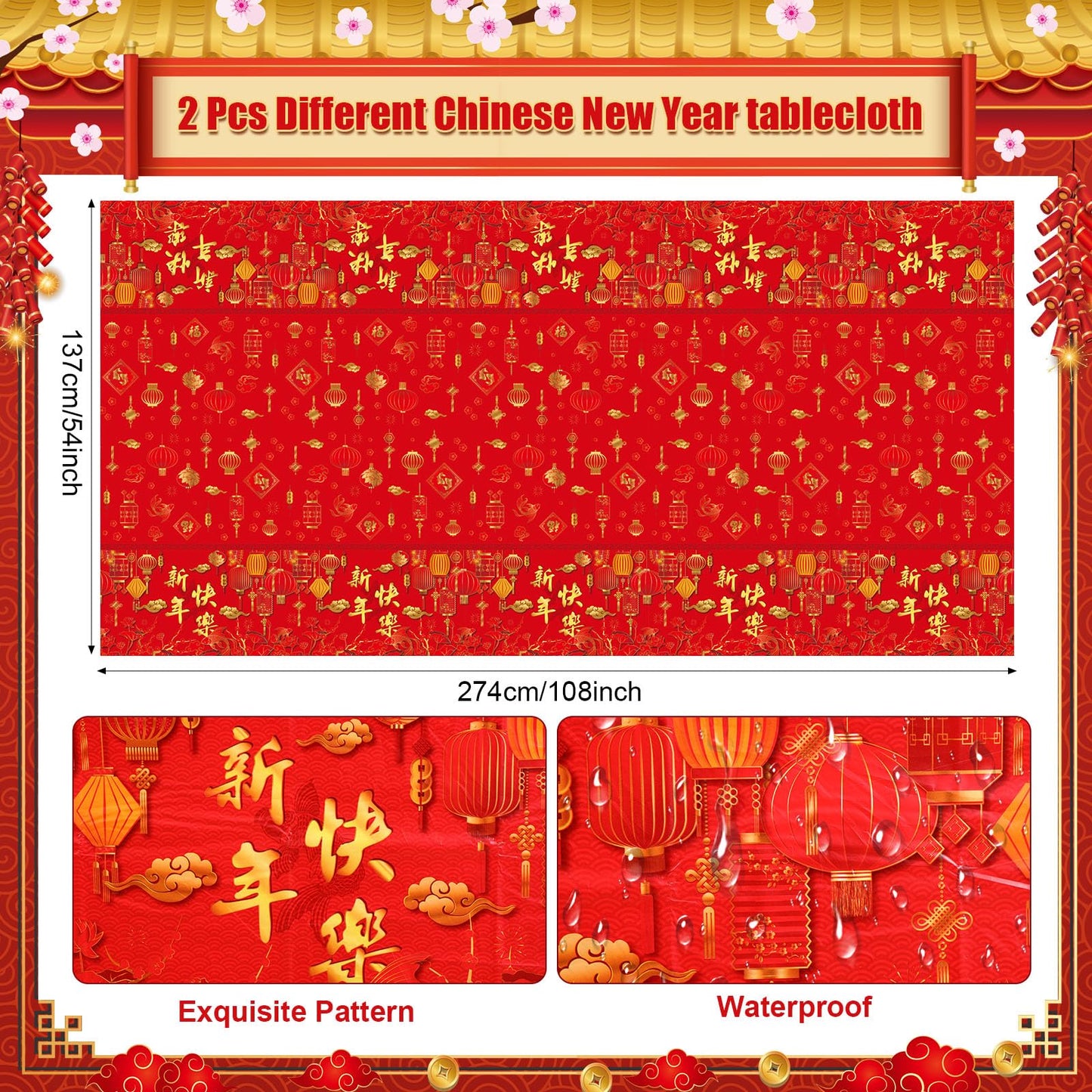 Willinglong 171 Pcs Chinese New Year Party Supplies Kit Serves 24 – Banner, Plates, Cups, Napkins, Tablecloths & Cutlery