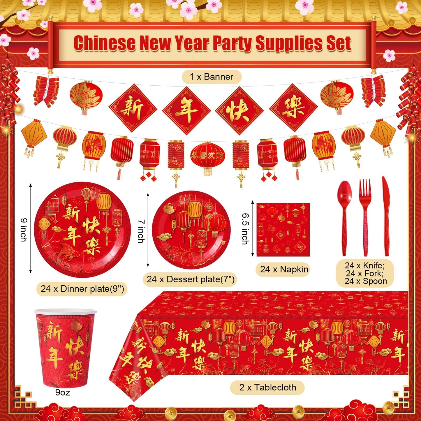 Willinglong 171 Pcs Chinese New Year Party Supplies Kit Serves 24 – Banner, Plates, Cups, Napkins, Tablecloths & Cutlery