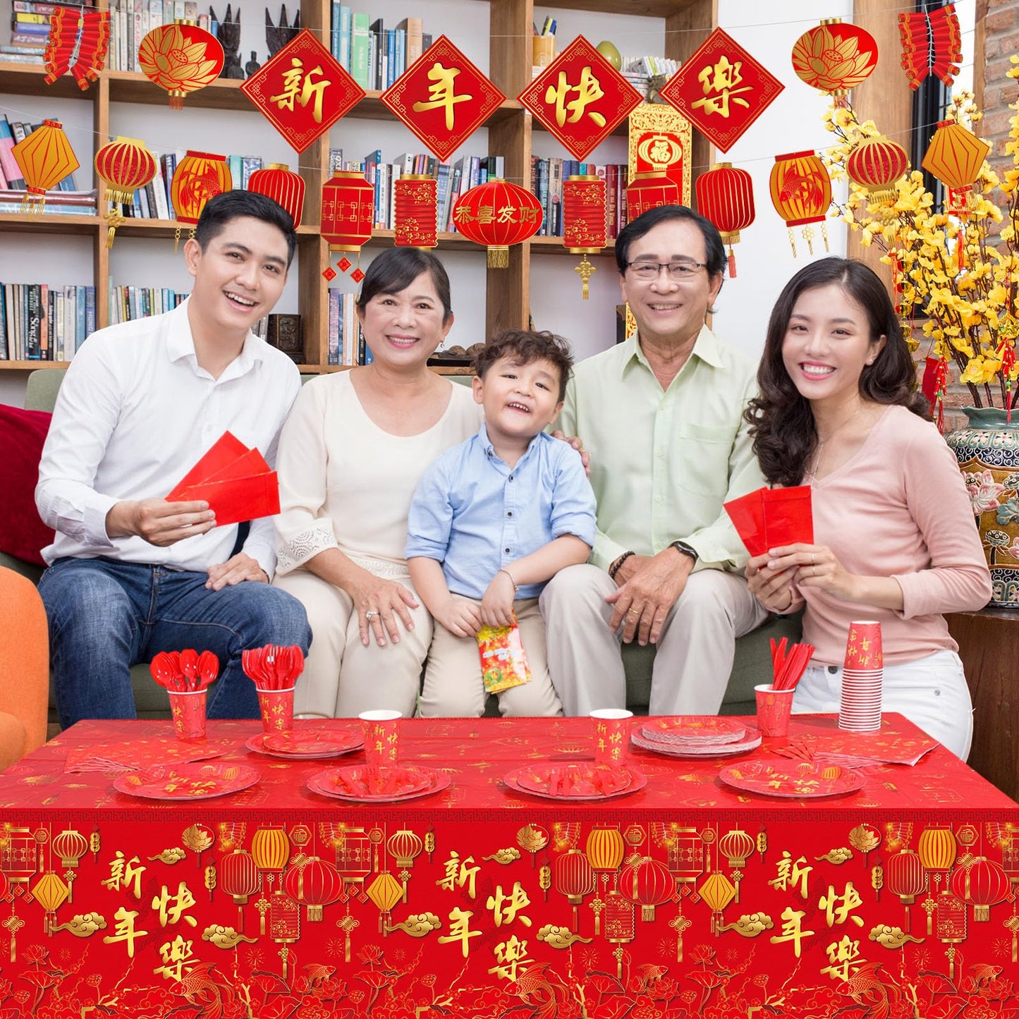 Willinglong 171 Pcs Chinese New Year Party Supplies Kit Serves 24 – Banner, Plates, Cups, Napkins, Tablecloths & Cutlery