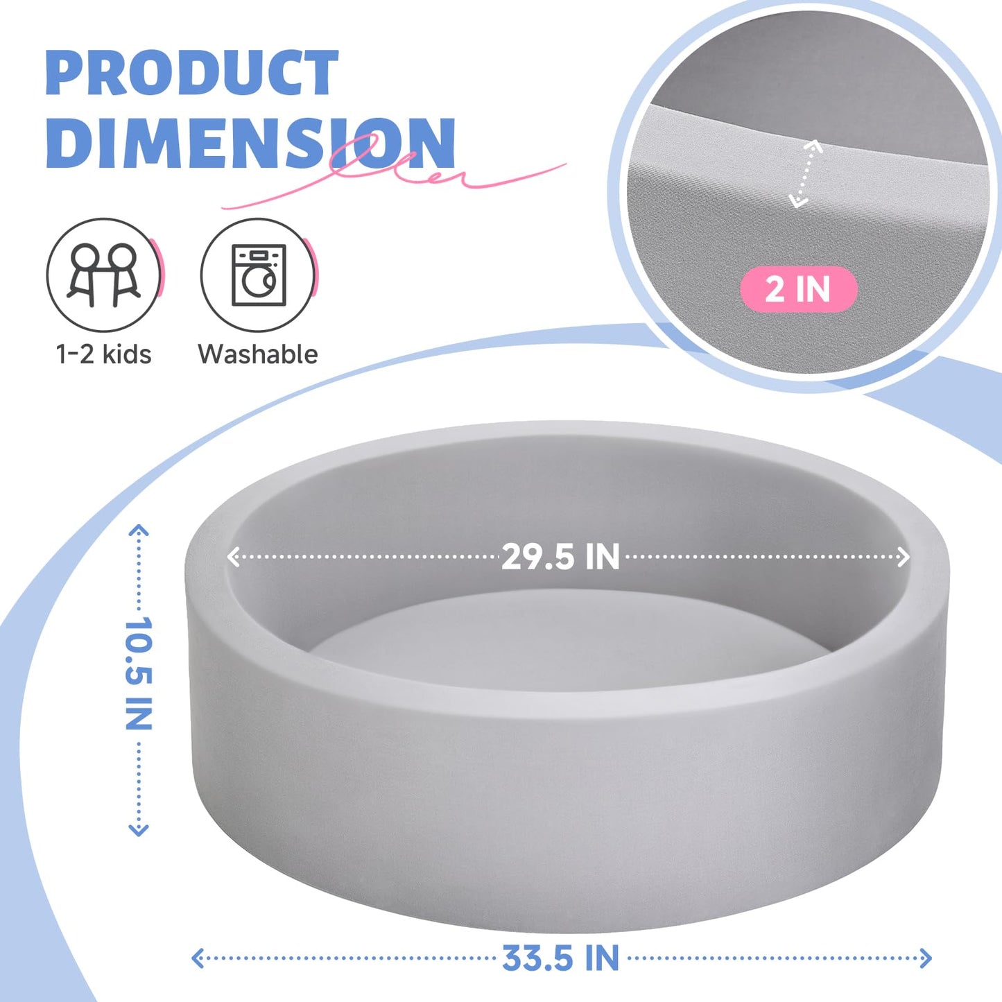 Wilwolfer Foam Ball Pit for Toddlers – Large 33.5-inch Diameter Memory Foam Wall Playpen (Gray, No Balls)