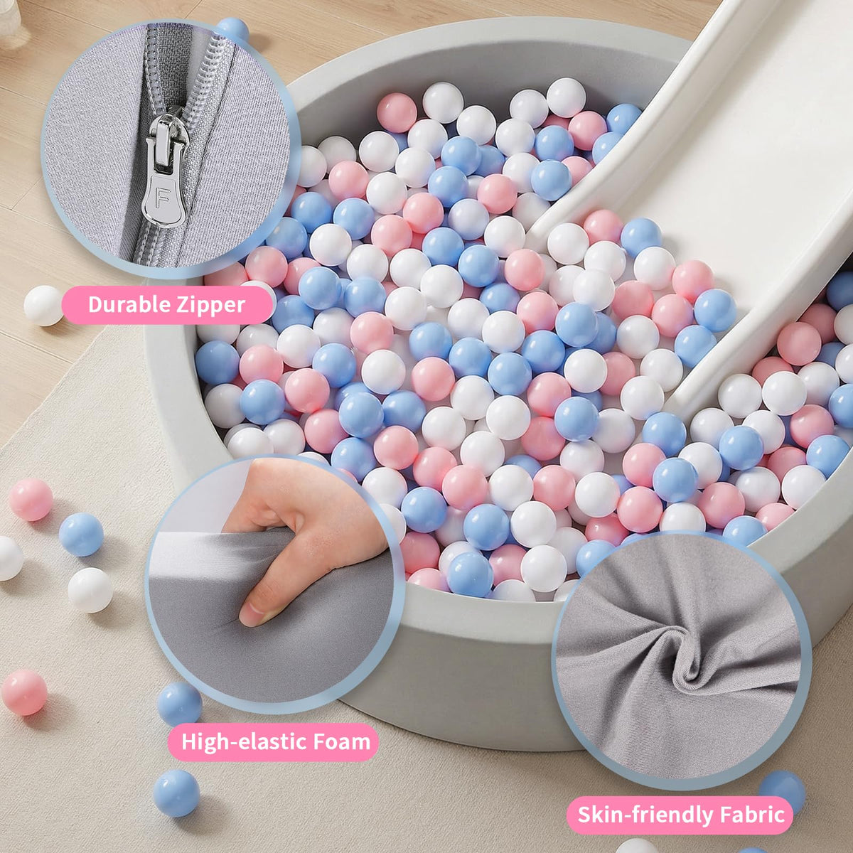 Wilwolfer Foam Ball Pit for Toddlers – Large 33.5-inch Diameter Memory Foam Wall Playpen (Gray, No Balls)