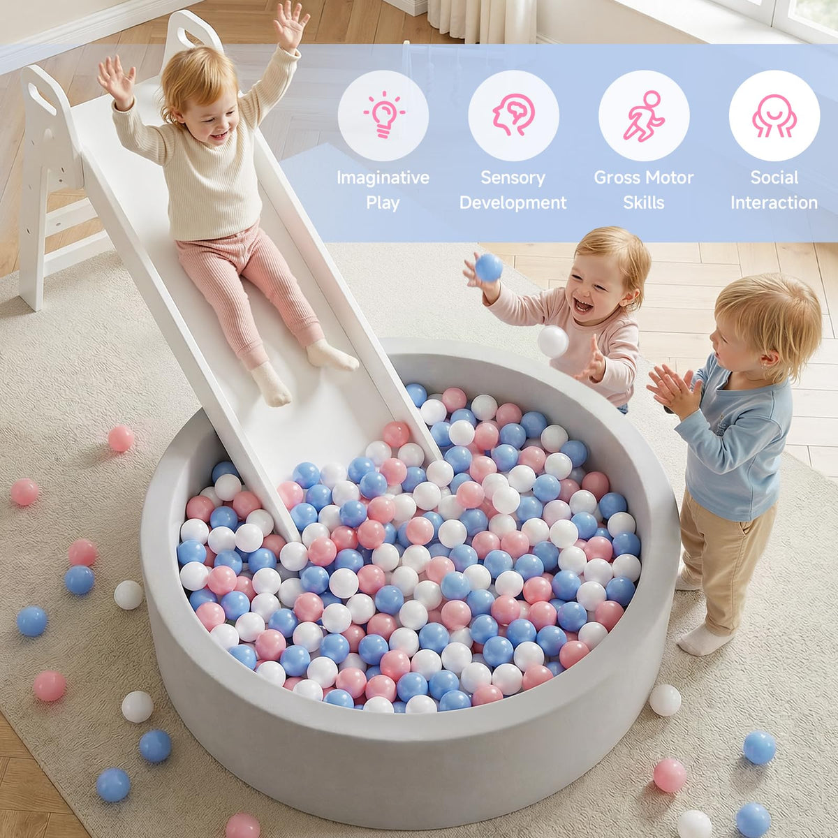 Wilwolfer Foam Ball Pit for Toddlers – Large 33.5-inch Diameter Memory Foam Wall Playpen (Gray, No Balls)