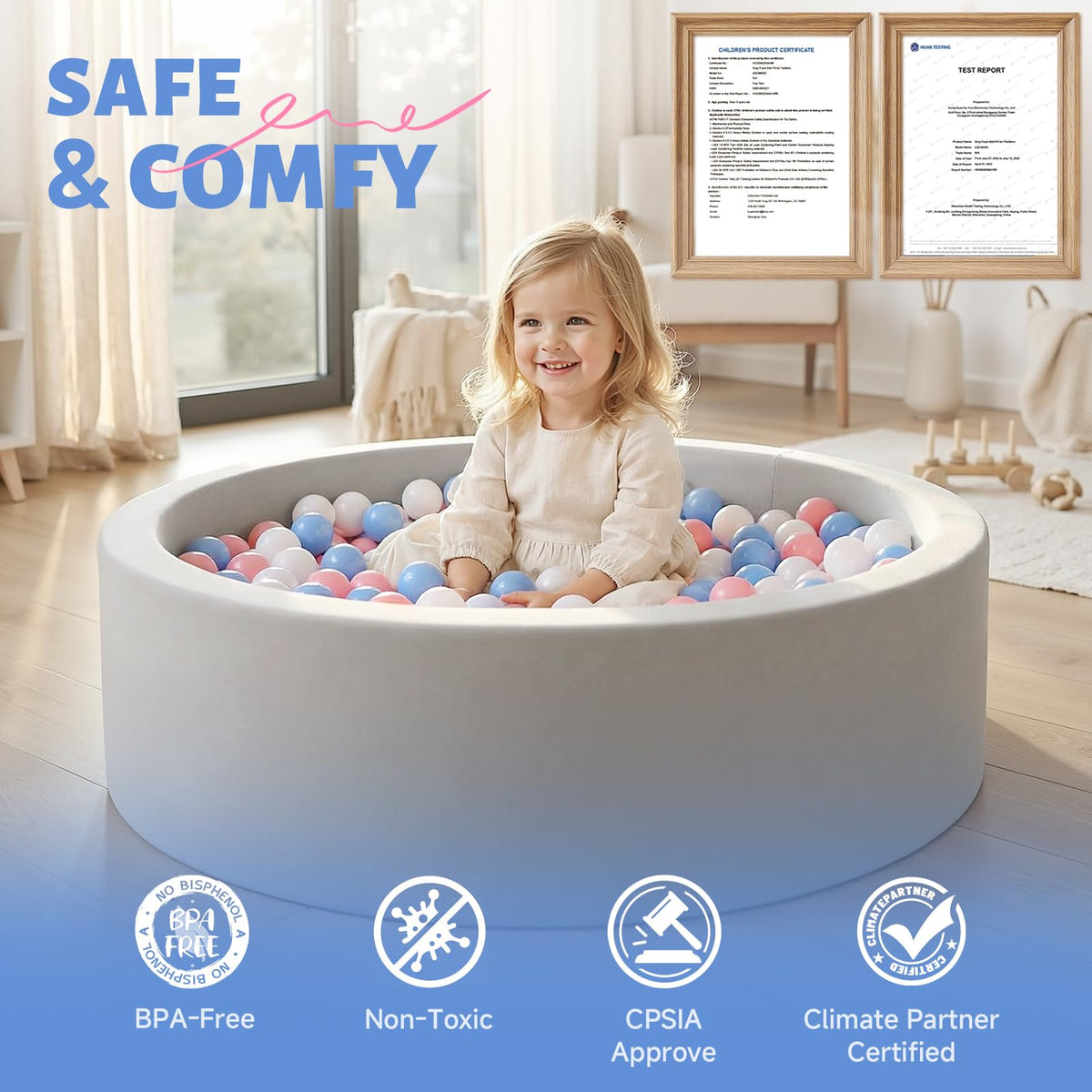 Wilwolfer Foam Ball Pit for Toddlers – Large 33.5-inch Diameter Memory Foam Wall Playpen (Gray, No Balls)