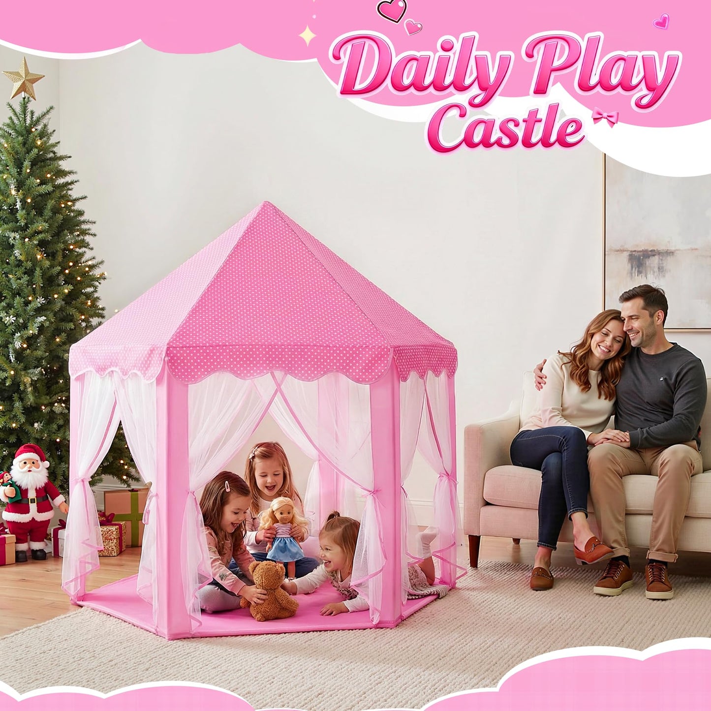 Wilwolfer Princess Castle Play Tent for Girls – Large Hexagon Playhouse with Star Lights