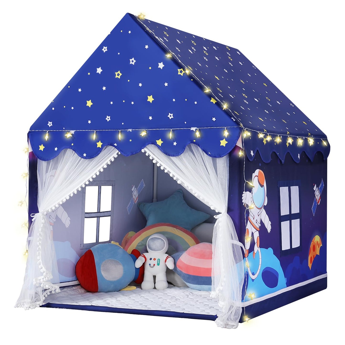 Wilwolfer Space Kids Tent Indoor with Mat & Star Lights – Rocket Ship Play Tent