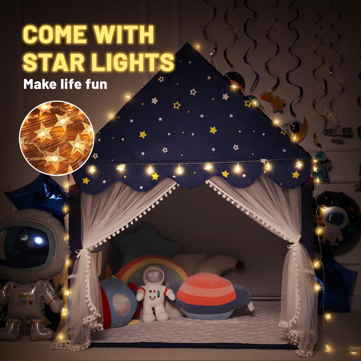 Wilwolfer Space Kids Tent Indoor with Mat & Star Lights – Rocket Ship Play Tent