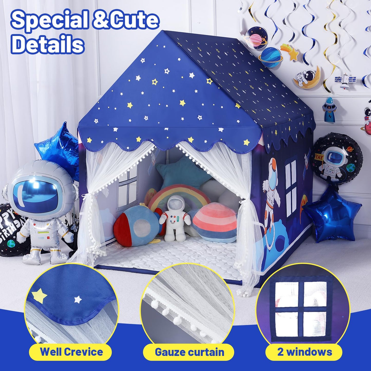Wilwolfer Space Kids Tent Indoor with Mat & Star Lights – Rocket Ship Play Tent